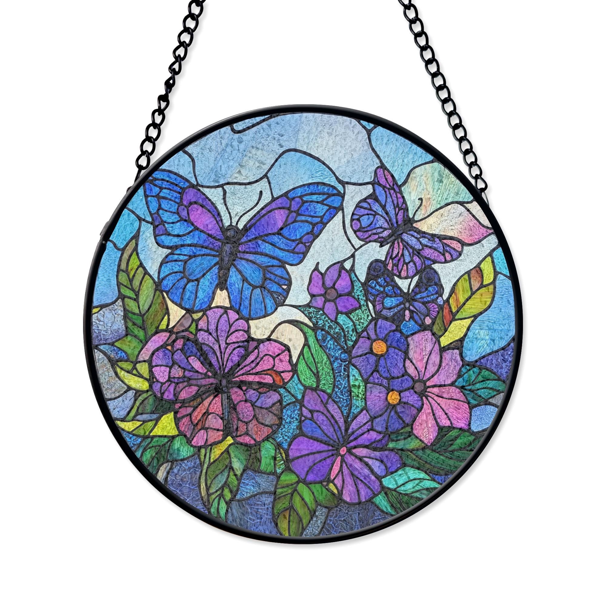Butterfly and Flower Stained Glass Panel, Vibrant Round Window Decor, Handmade Acrylic Suncatcher Window Hanging, Stained Glass Look Decor, Colorful Light Catcher, Unique Home Gift