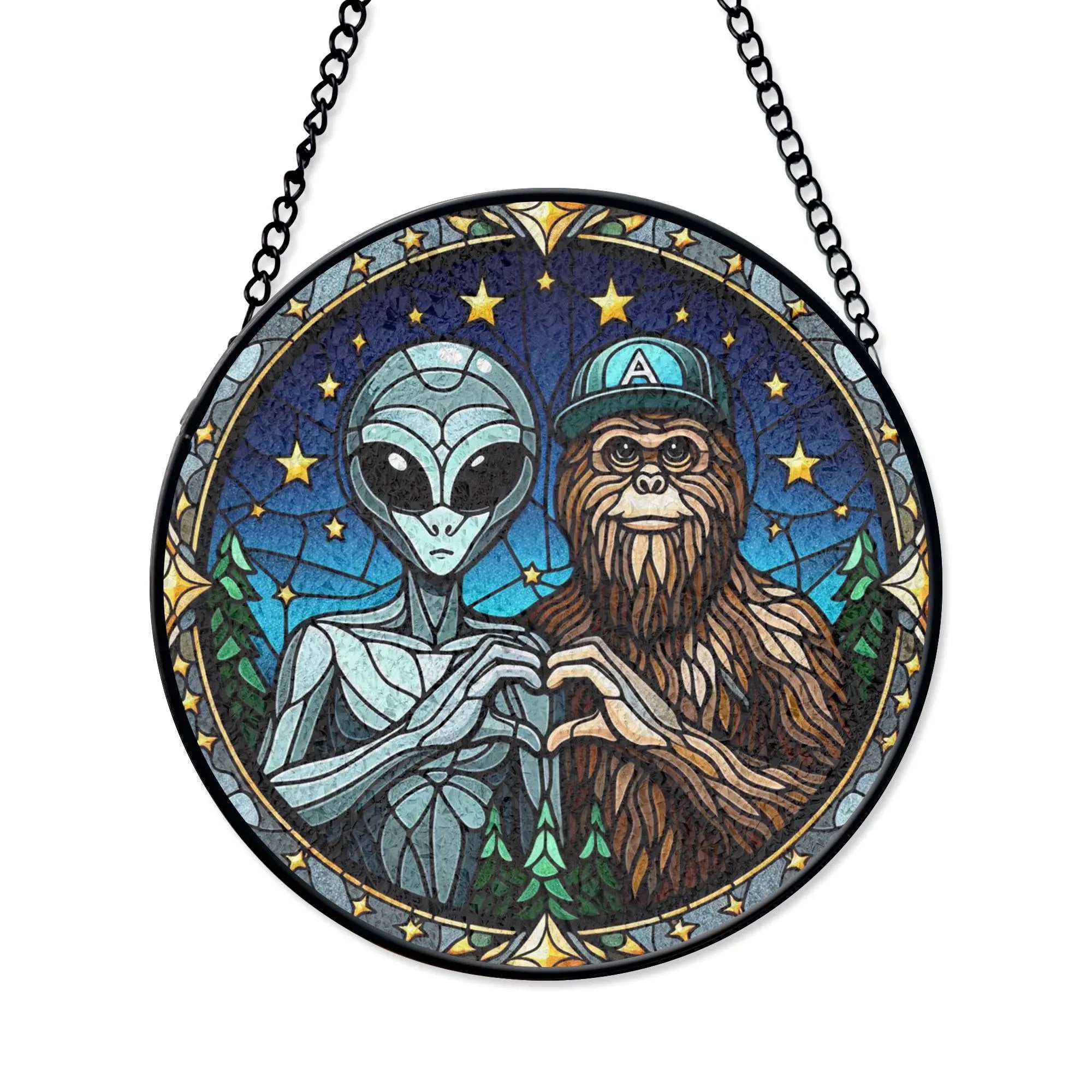 Alien and Bigfoot Stained Glass Suncatcher, Funny Friendship Decor, Space Forest Theme, Gift for Cryptid Lovers, Gift for Friend, Stained Glass Style Acrylic Window Ornament, Decorative Sun Catcher Hanging, Unique Home Decor