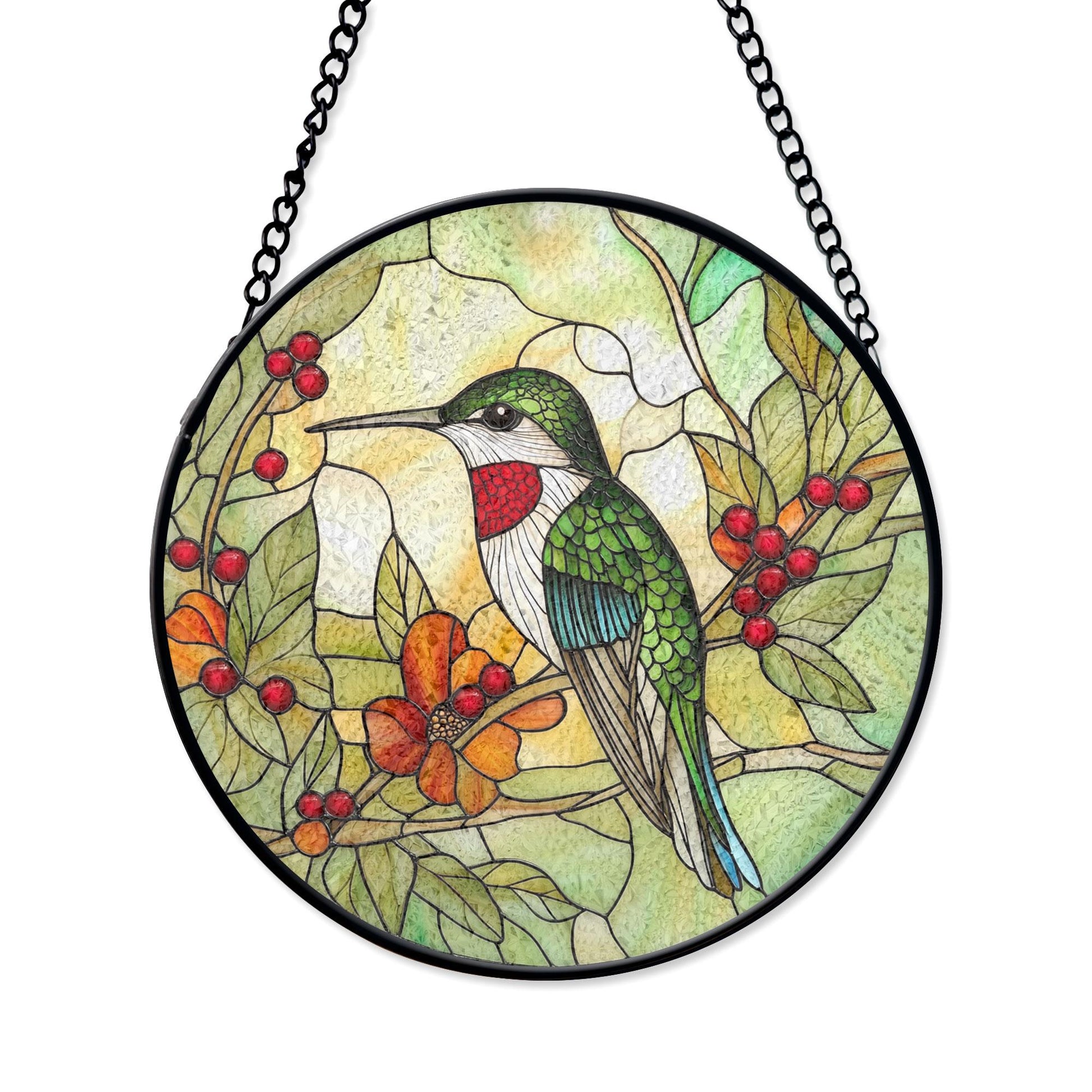 Hummingbird Stained Glass Art With Vibrant Flowers and Berries - Nature Inspired Window Decor , Acrylic Hanging Sun Catcher for Windows, Stained Glass Look Decor, Artistic Home Accent
