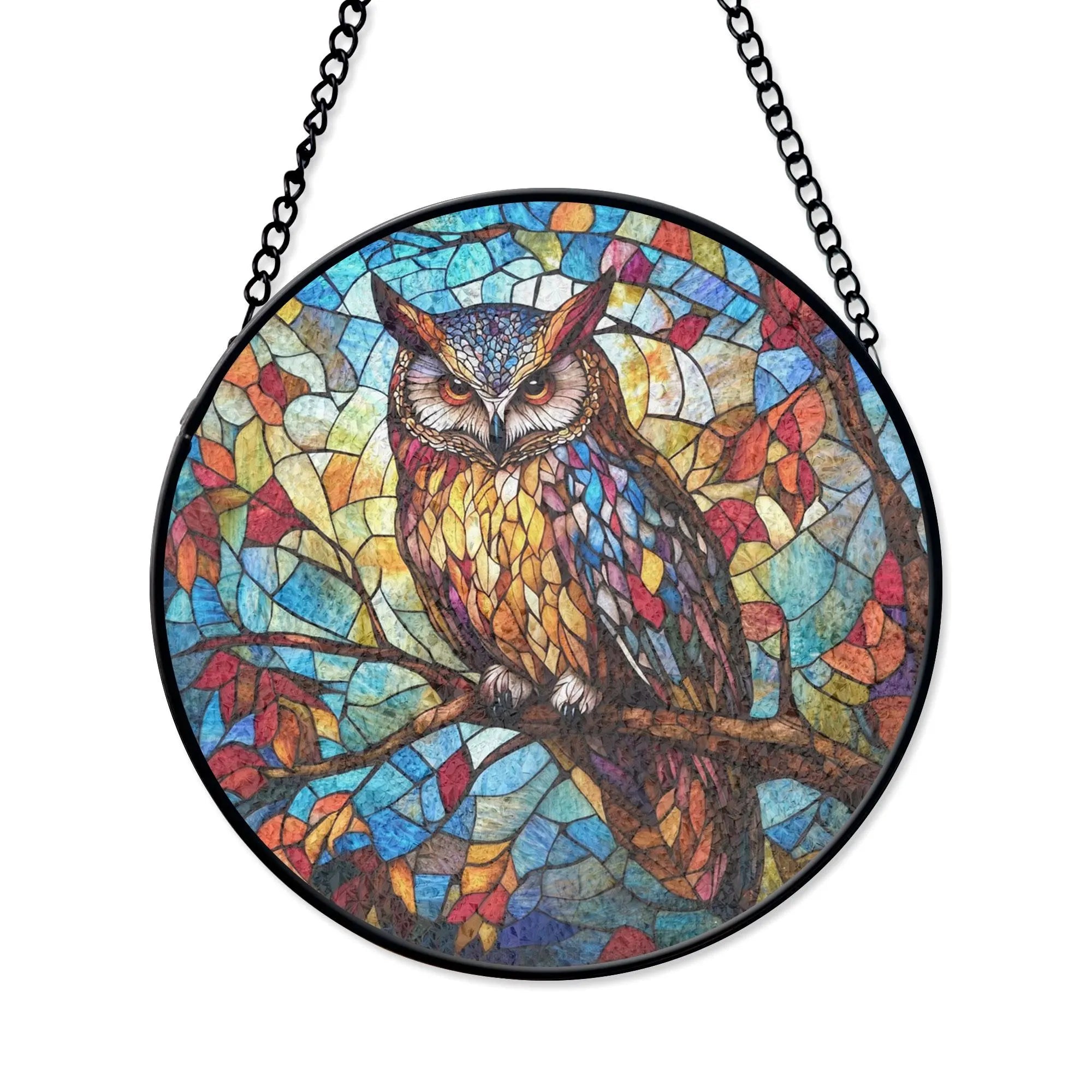 Majestic Stained Glass Owl Panel - Colorful Owl Design With Autumn Leaves, Acrylic Stained Glass Inspired Suncatcher, Decorative Window Hanging, Artistic Home Decoration