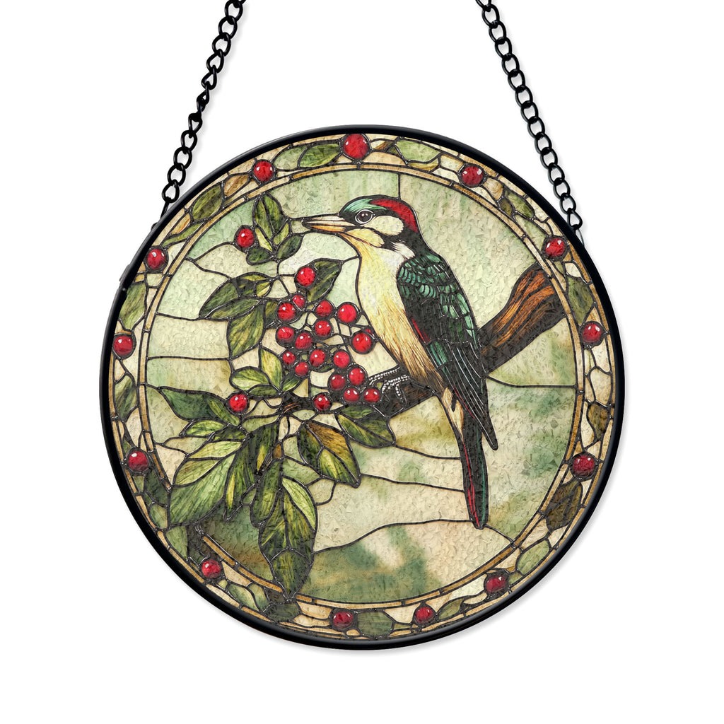 Stained Glass Woodpecker and Berry Branch Window Hanging, Elegant Nature-inspired Decor,Acrylic Boho Window Suncatcher, Stained Glass Look Panel, Artistic Light Catcher, Handmade Home Accent