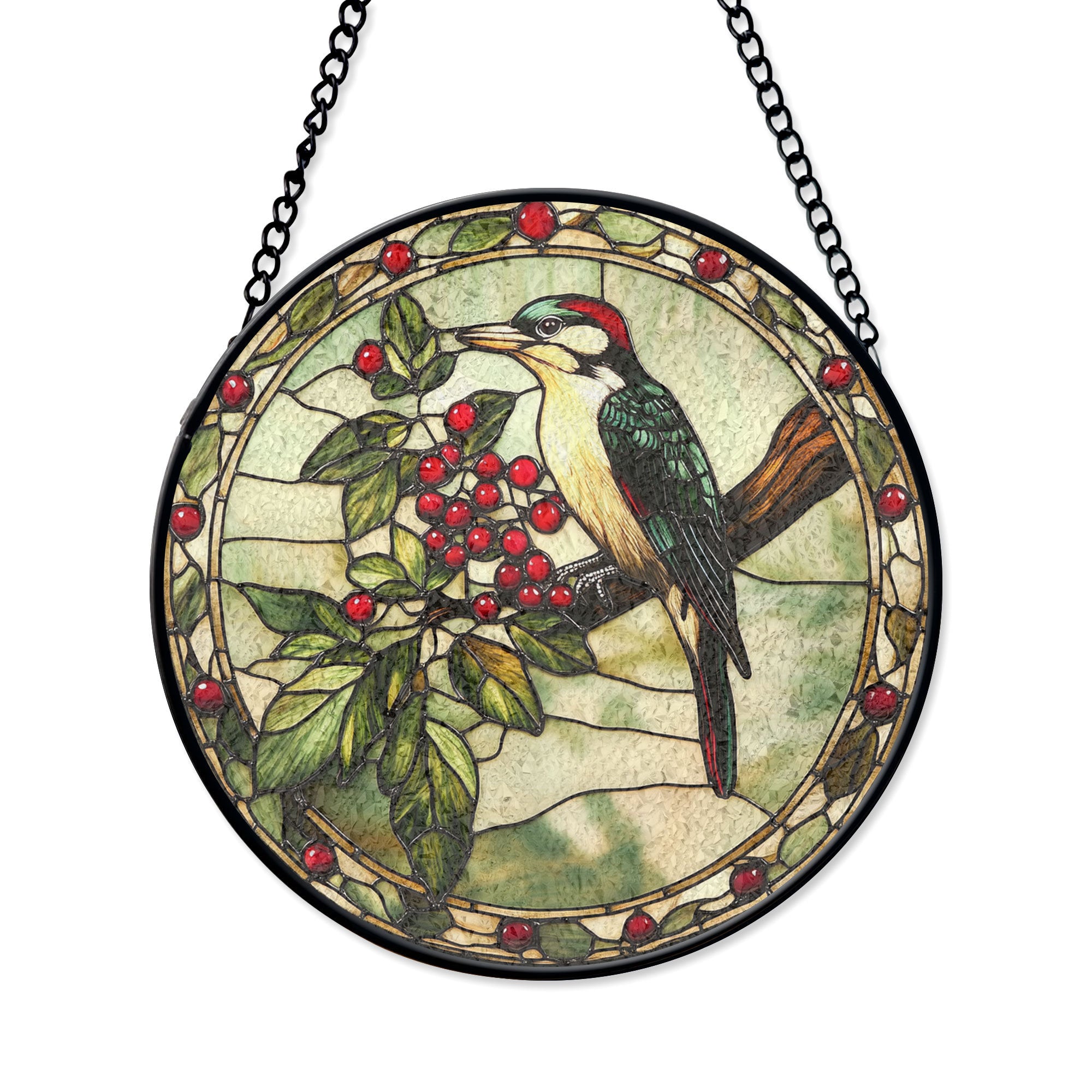 Stained Glass Woodpecker and Berry Branch Window Hanging, Elegant Nature-inspired Decor,Acrylic Boho Window Suncatcher, Stained Glass Look Panel, Artistic Light Catcher, Handmade Home Accent