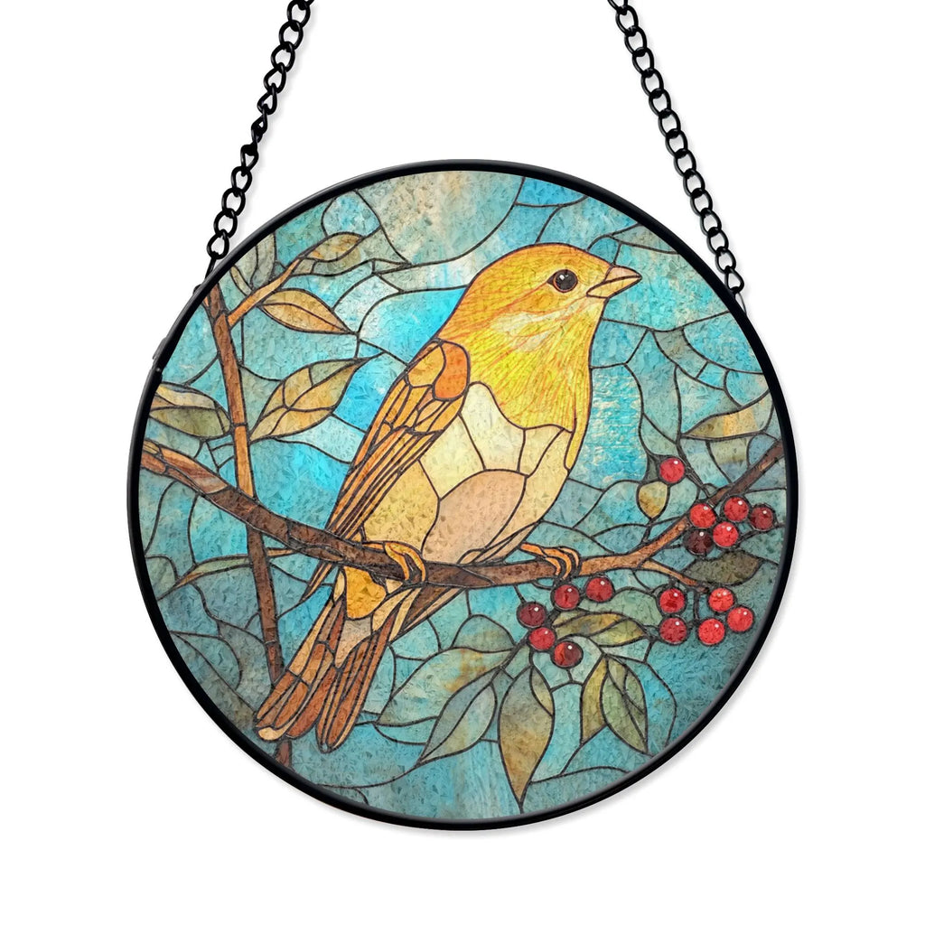 Stained Glass Yellow Bird Panel - Bright Bird With Berries and Blue Sky, Stained Glass Style Acrylic Window Ornament, Decorative Sun Catcher Hanging, Unique Home Decor