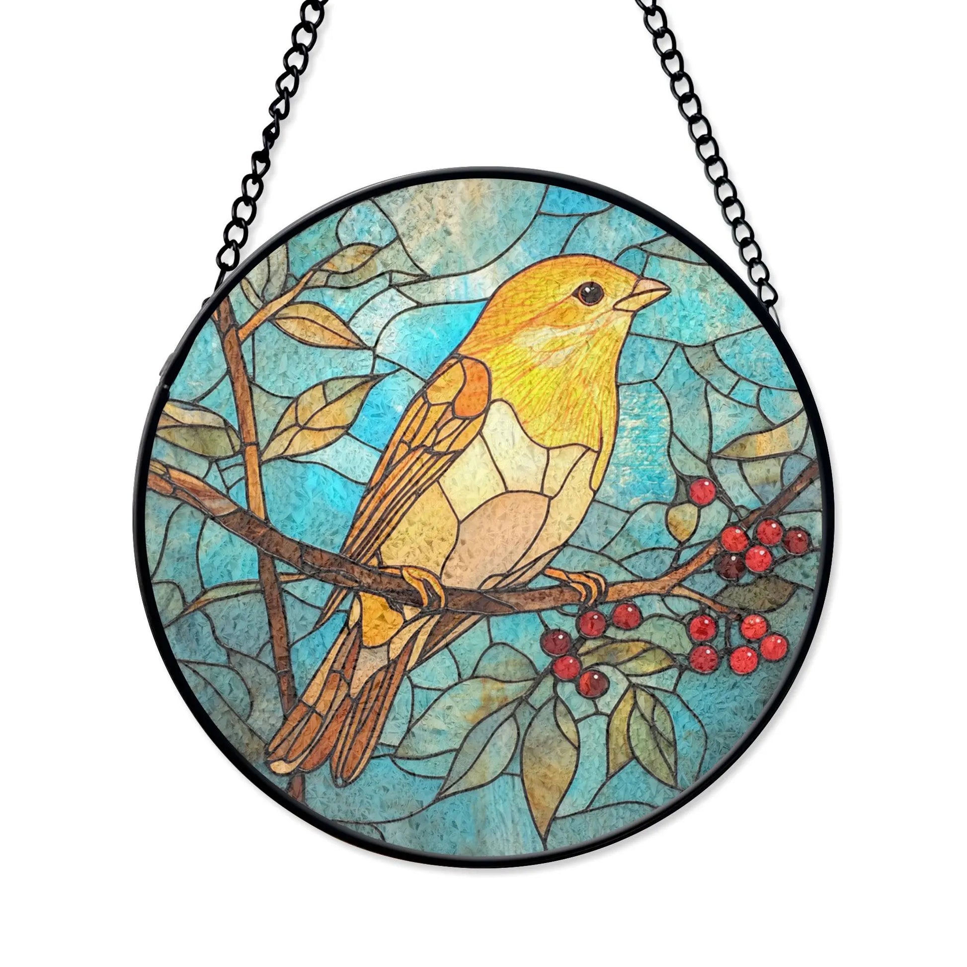 Stained Glass Yellow Bird Panel - Bright Bird With Berries and Blue Sky, Stained Glass Style Acrylic Window Ornament, Decorative Sun Catcher Hanging, Unique Home Decor