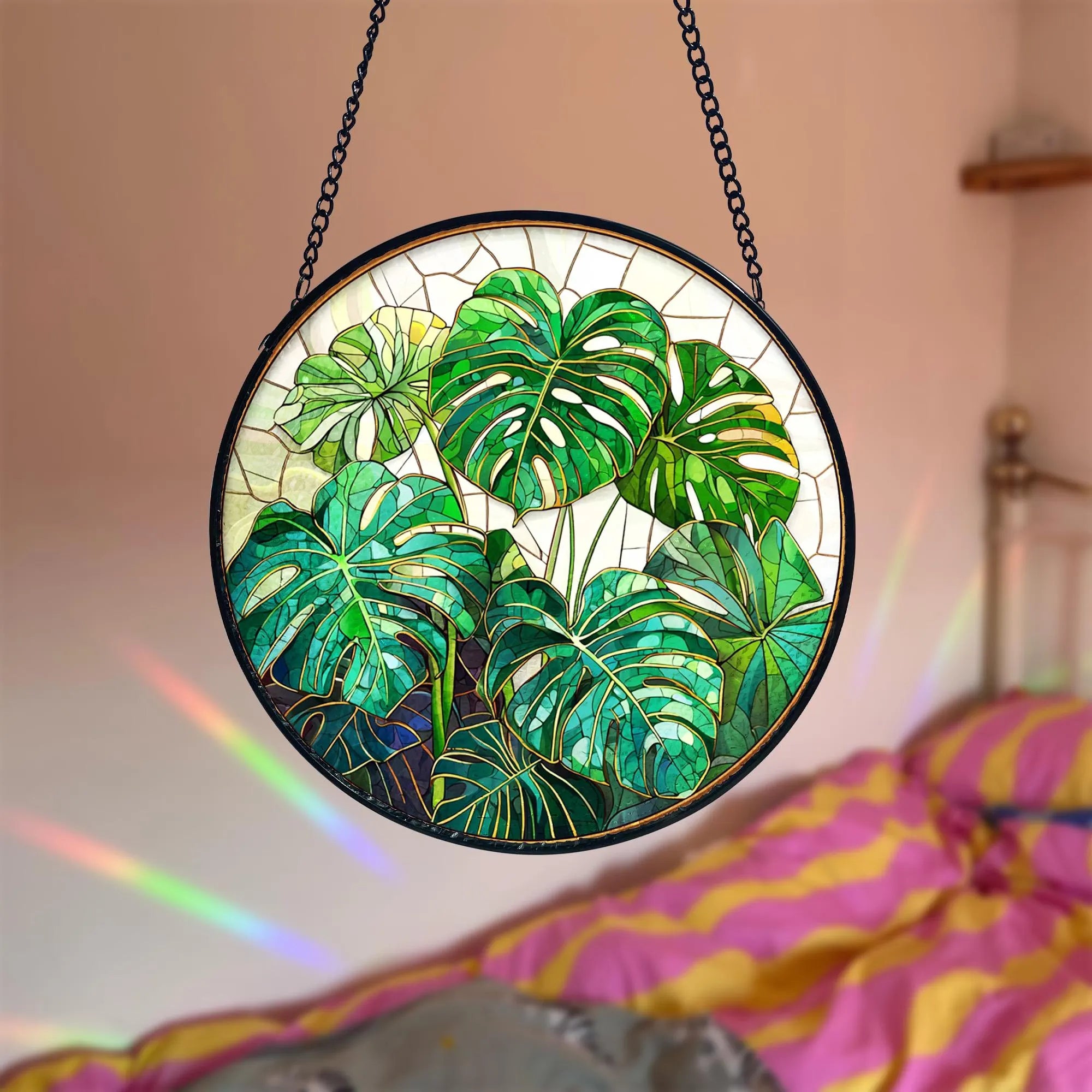 Handmade Monstera Stained Glass Suncatcher_ Botanical Window Decor, Stained Glass Acrylic Suncatcher, Vibrant Window Hanging Art, Colorful Light Catcher Decor, Boho Window Ornament, Unique Home Gift
