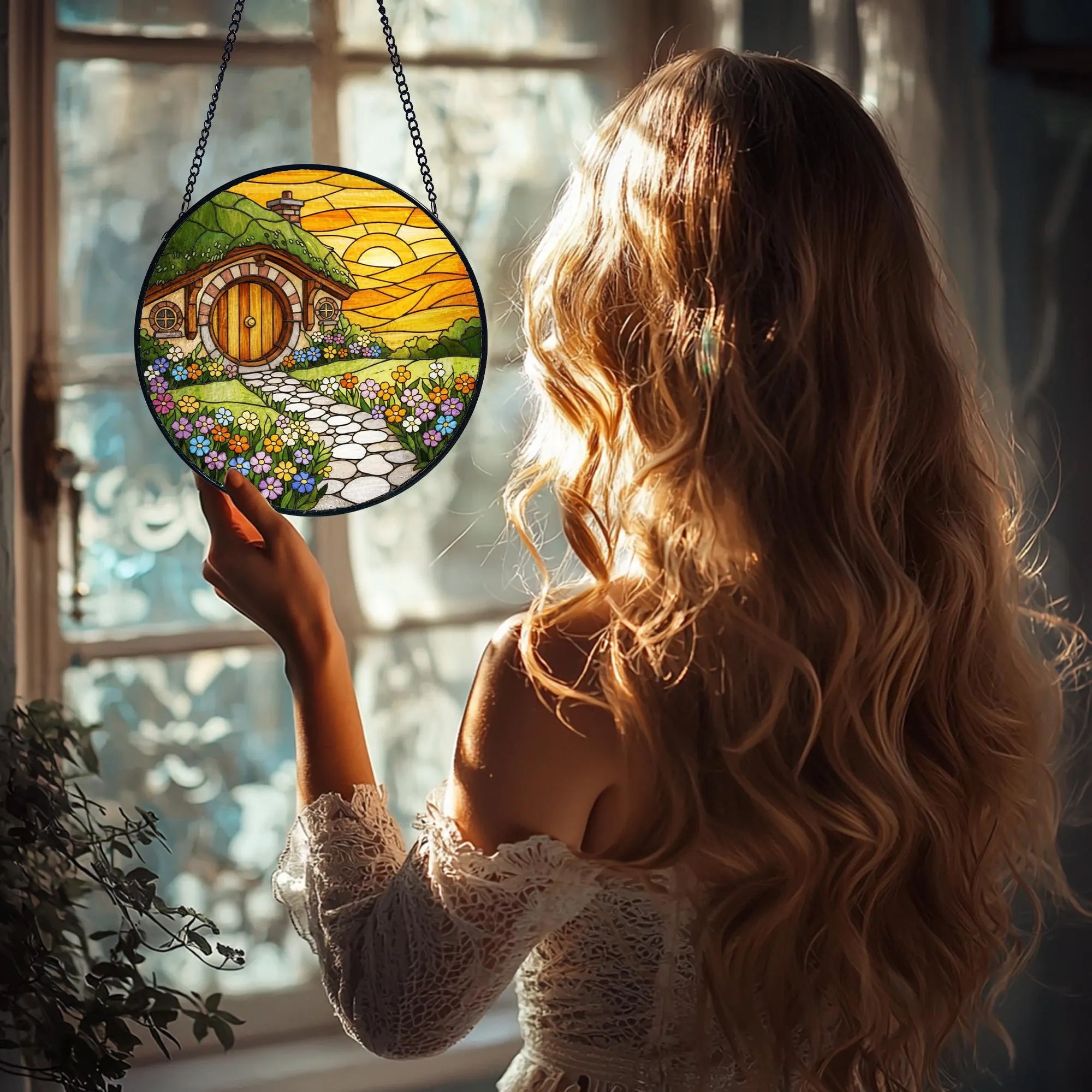 Husky Christmas Suncatcher_ Santa Hat Dog Stained Glass Ornament, Acrylic Stained Glass Window Art, Handmade Sun Catcher Hanging Decor, Colorful Light Reflecting Panel, Unique Gift for Home