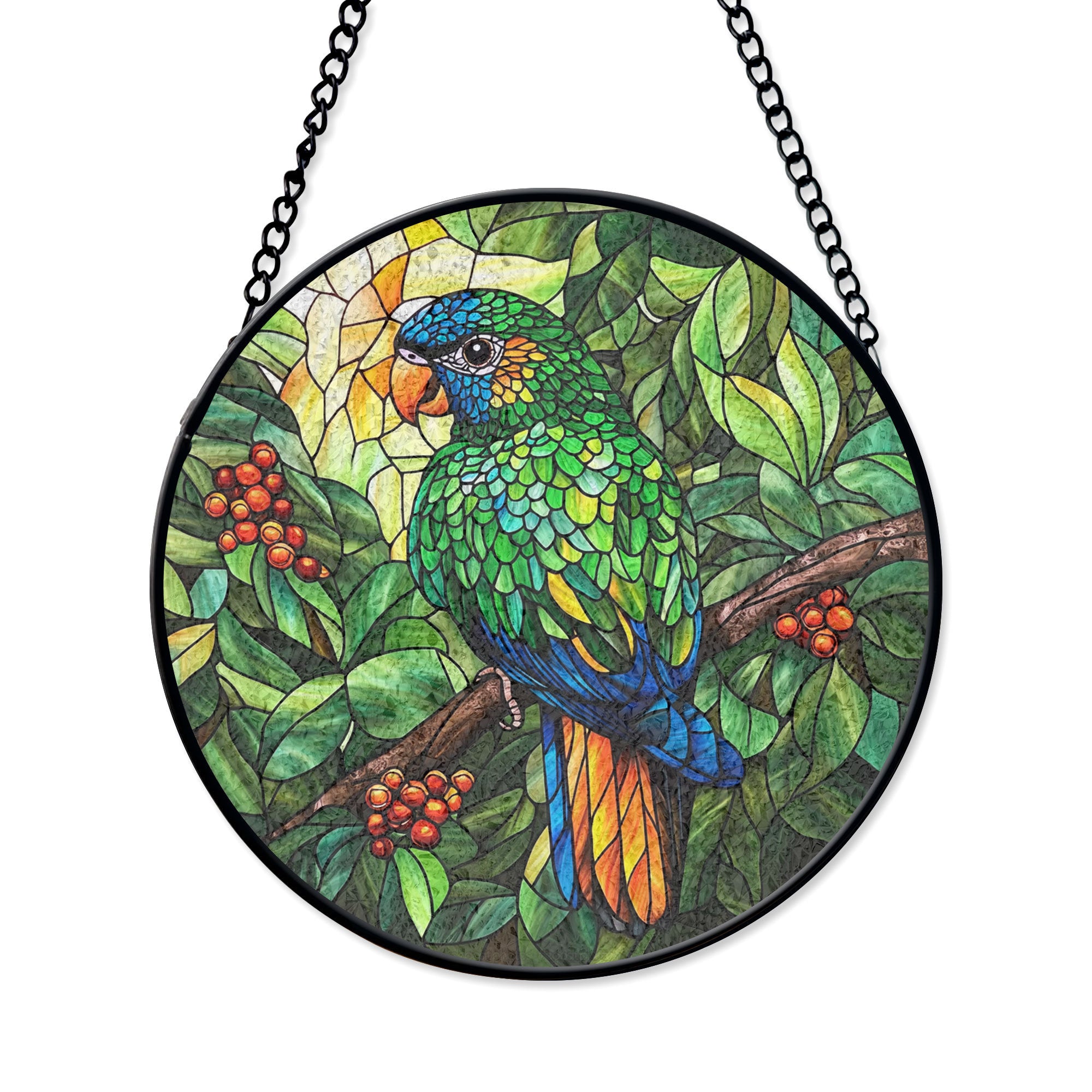 Parrot Stained Glass Window Hanging - Vibrant Tropical Bird Suncatcher, Acrylic Boho Window Suncatcher, Stained Glass Look Panel, Artistic Light Catcher, Handmade Home Accent