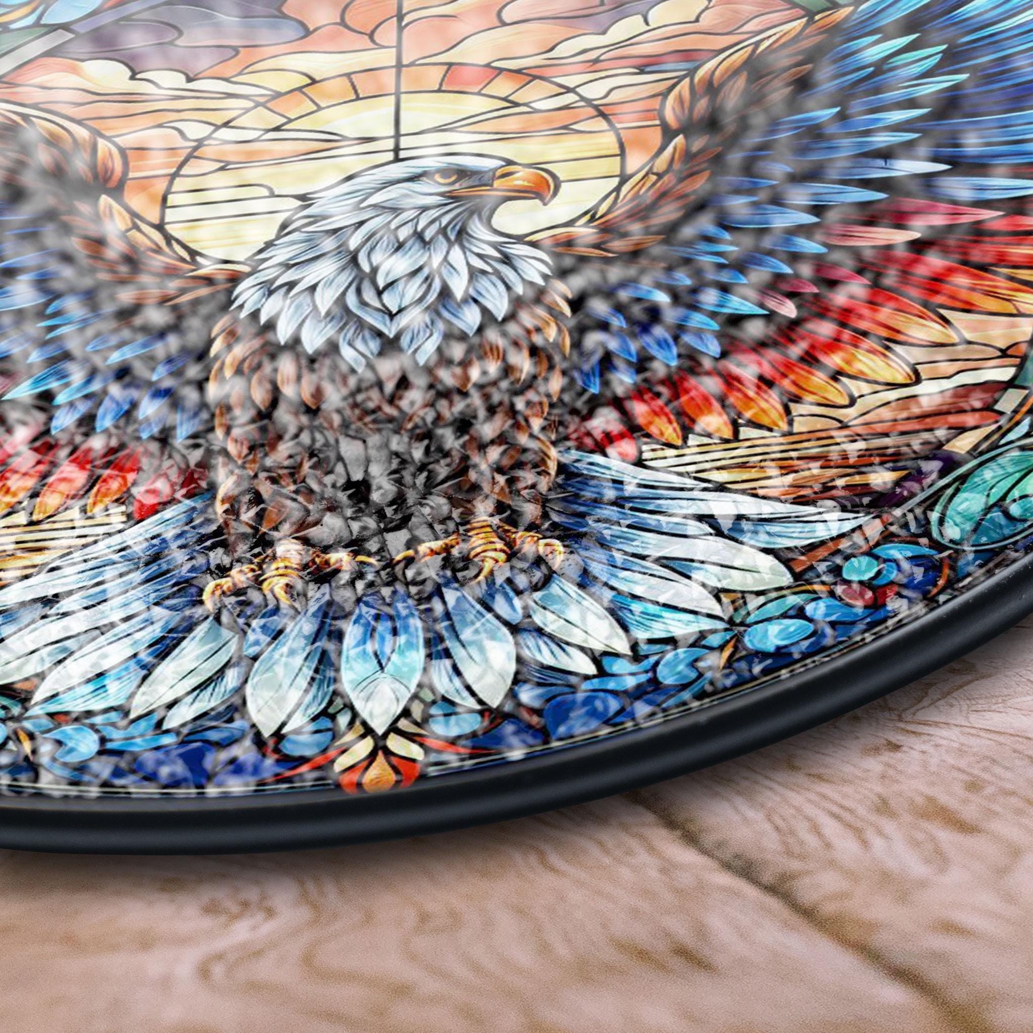 Bald Eagle Stained Glass Suncatcher, Patriotic Window Decor, Independence Day Style, Gift for Dad, Veterans, Freedom Lovers, Stained Glass Style Window Decor, Acrylic Hanging Suncatcher, Sunlit Light Catcher, Unique Artisan Gift