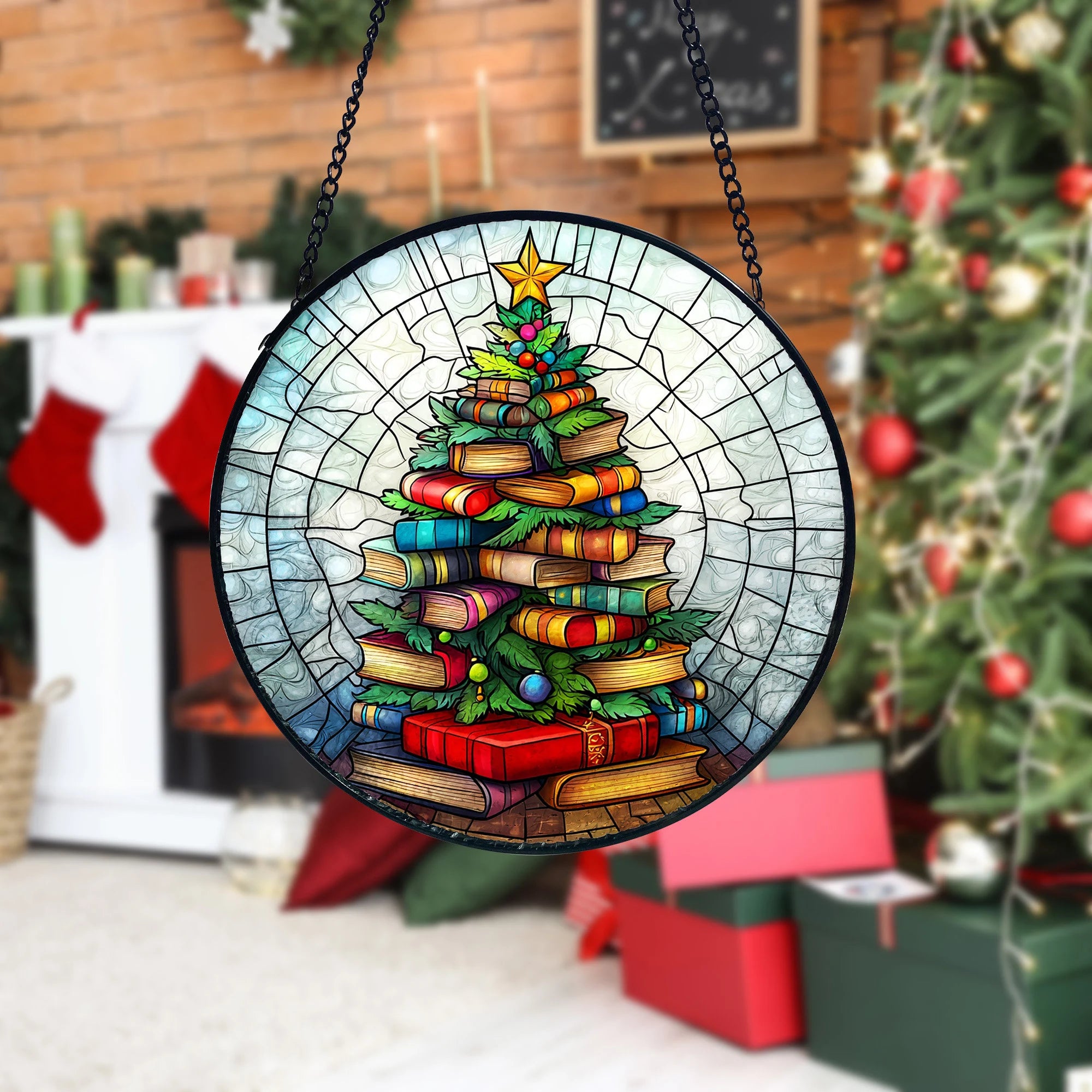 Bookish Christmas Tree Stained Glass Suncatcher_ Book Lover Xmas Decor, Handmade Glass Art Decor, Colorful Sun Catcher Ornament, Boho Window Decoration, Unique Gift