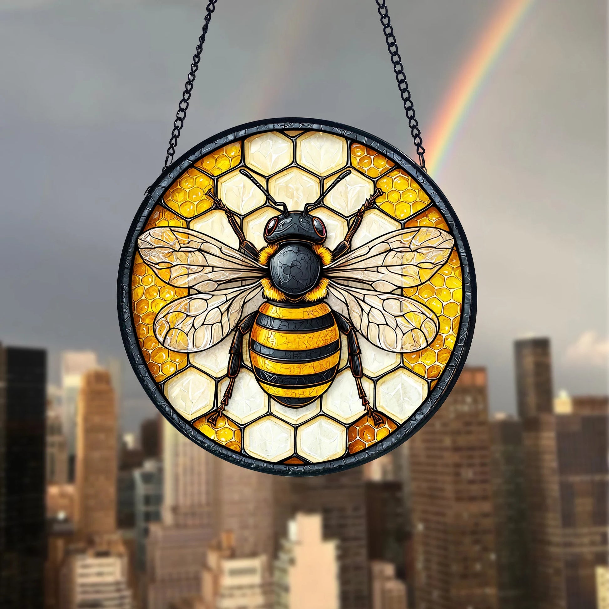 Honeycomb Stained Glass Suncatcher_ Bee & Flower Window Hanging, Handcrafted Stained Glass Suncatcher, Vibrant Window Art Panel, Sunlit Light Catcher Decoration, Boho Room Decor, Gift for Home Lovers