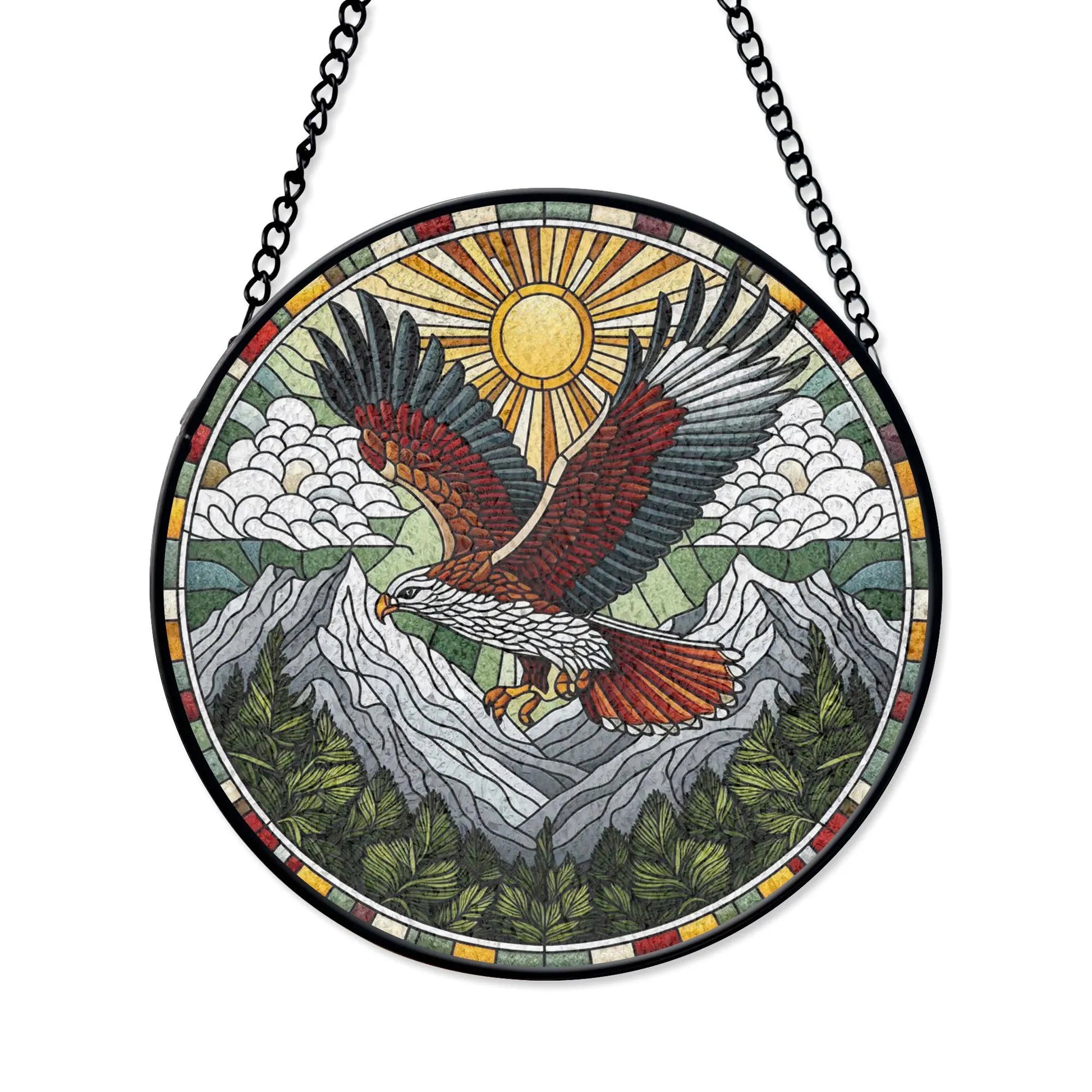 Red-tailed Hawk Stained Glass Suncatcher, Mountain Scene Wall Decor, Rustic Wildlife Style, Nature Lover Gift, Home Accent, Acrylic Stained Glass Inspired Suncatcher, Decorative Window Hanging, Artistic Home Decoration