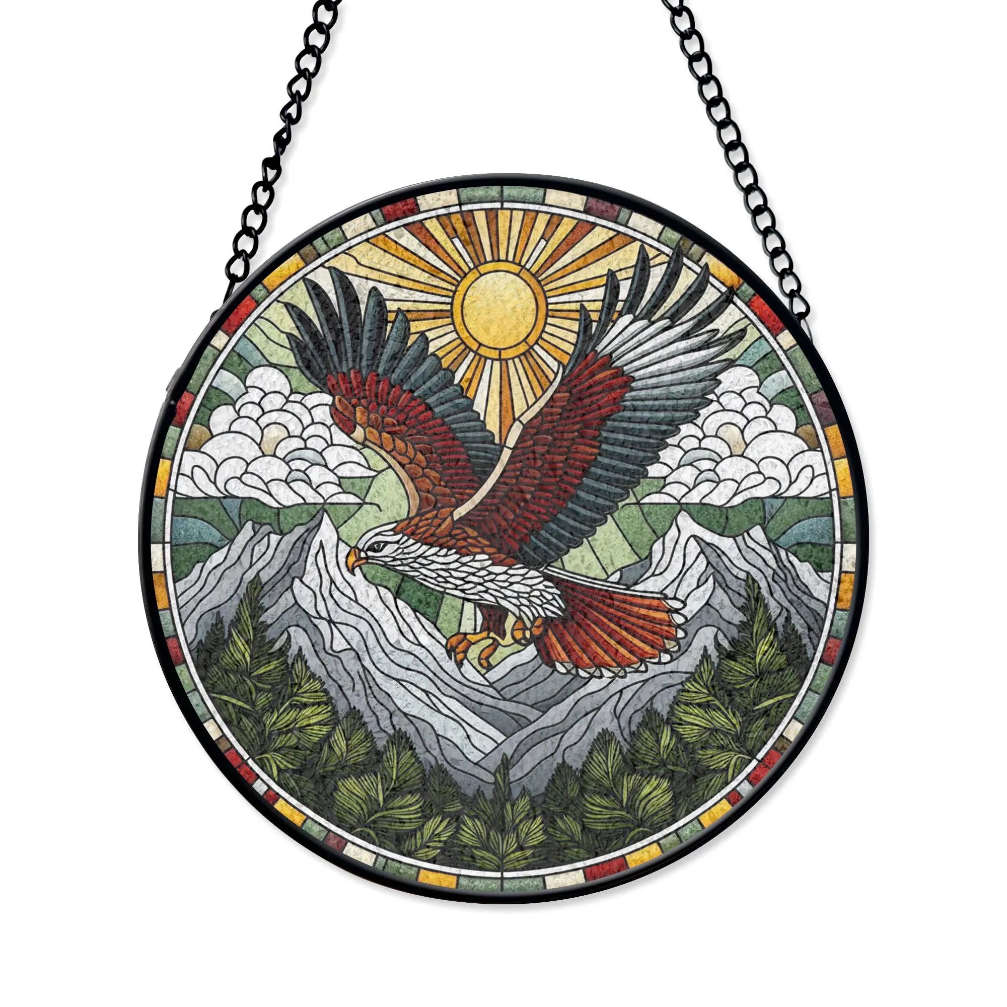 Red-tailed Hawk Stained Glass Suncatcher, Mountain Scene Wall Decor, Rustic Wildlife Style, Nature Lover Gift, Home Accent, Acrylic Stained Glass Inspired Suncatcher, Decorative Window Hanging, Artistic Home Decoration