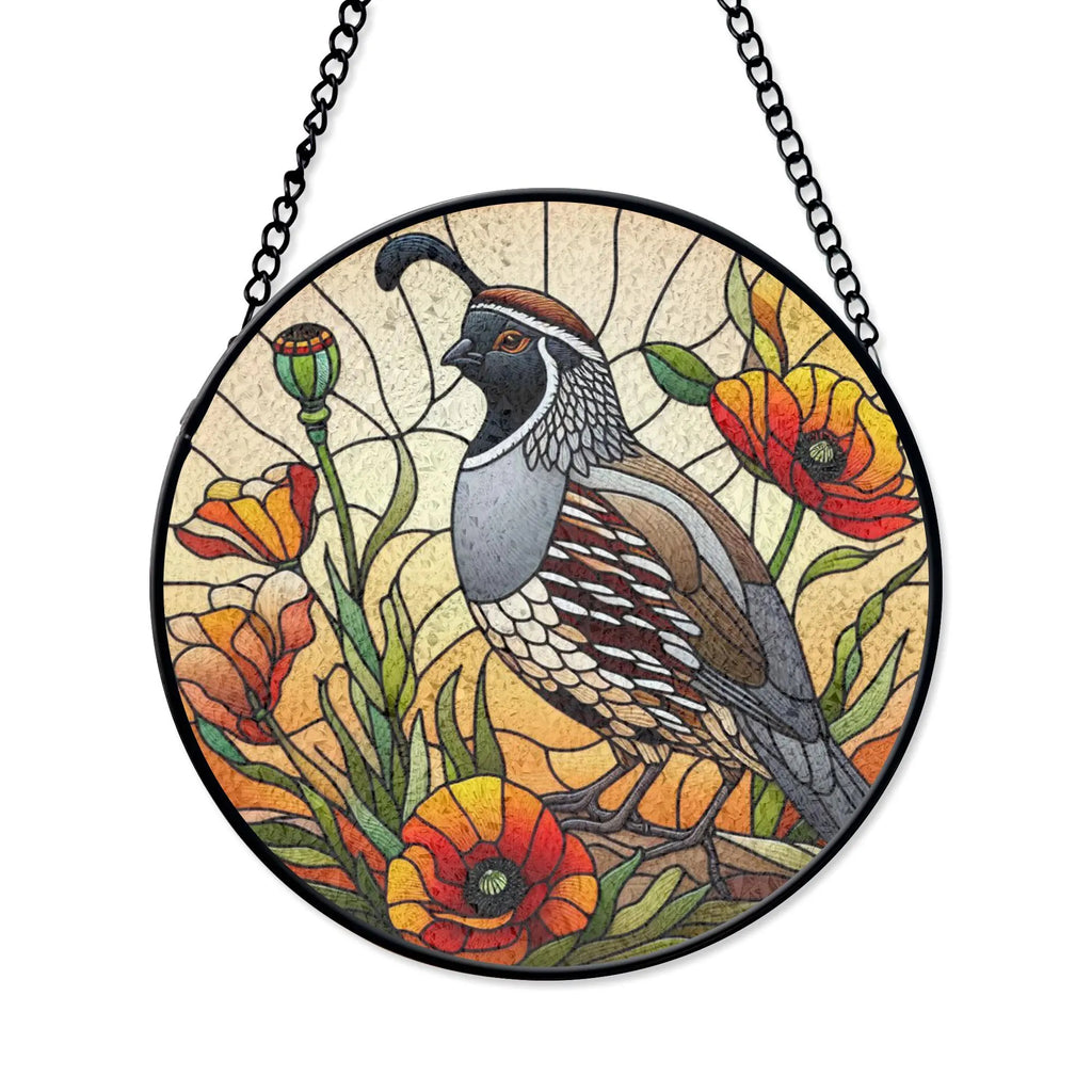 California Quail Stained Glass Suncatcher, Poppy Flower Window Decor, Wild Bird Nature Theme, Nature Lover Gift, Home Accent Gift Idea,Acrylic Light Catcher Window Hanging, Stained Glass Style Ornament, Artistic Home Decor Gift