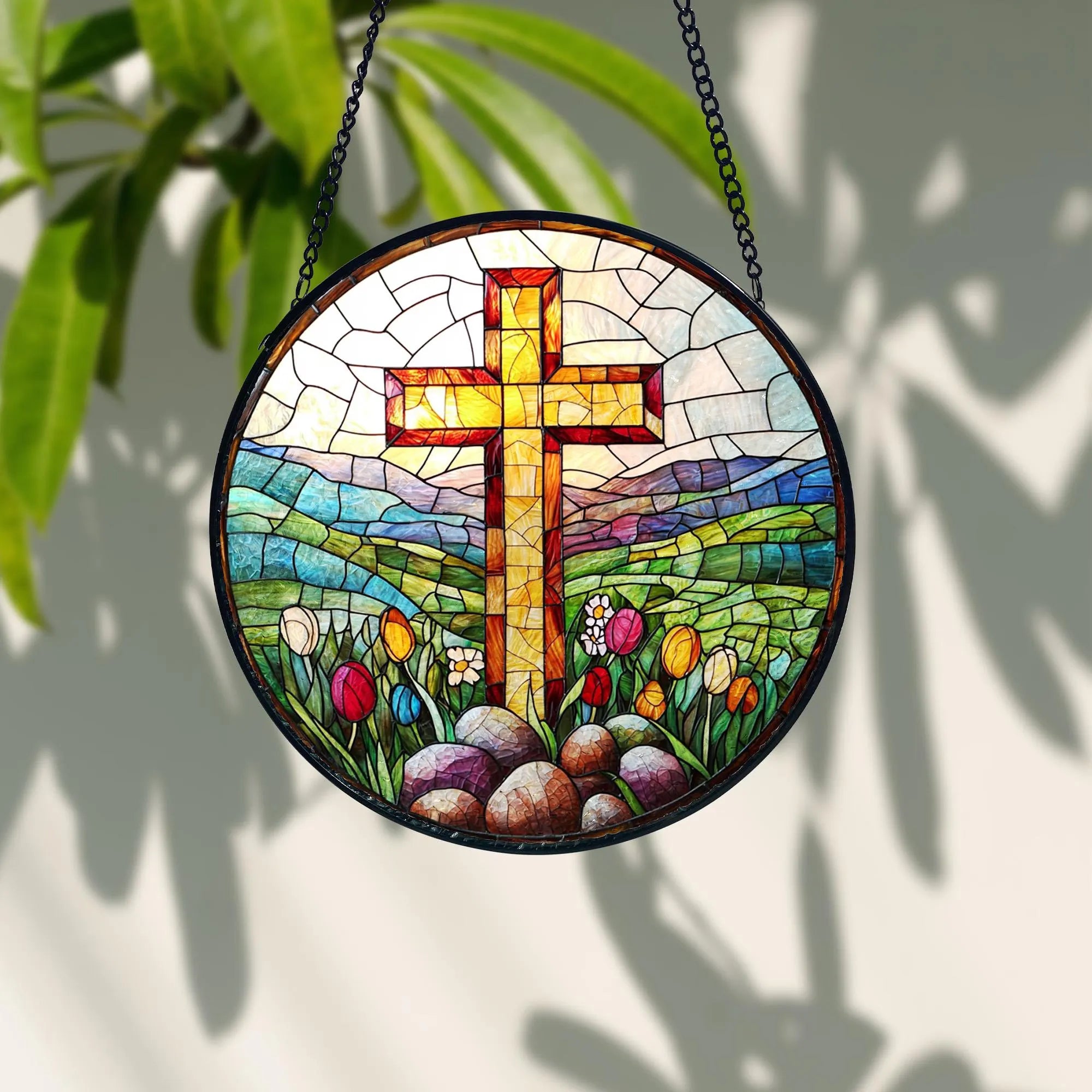 Easter Cross Stained Glass Suncatcher_ Christian Window Hanging, Colorful Sun Catcher Ornament, Boho Window Decoration, Unique Gift