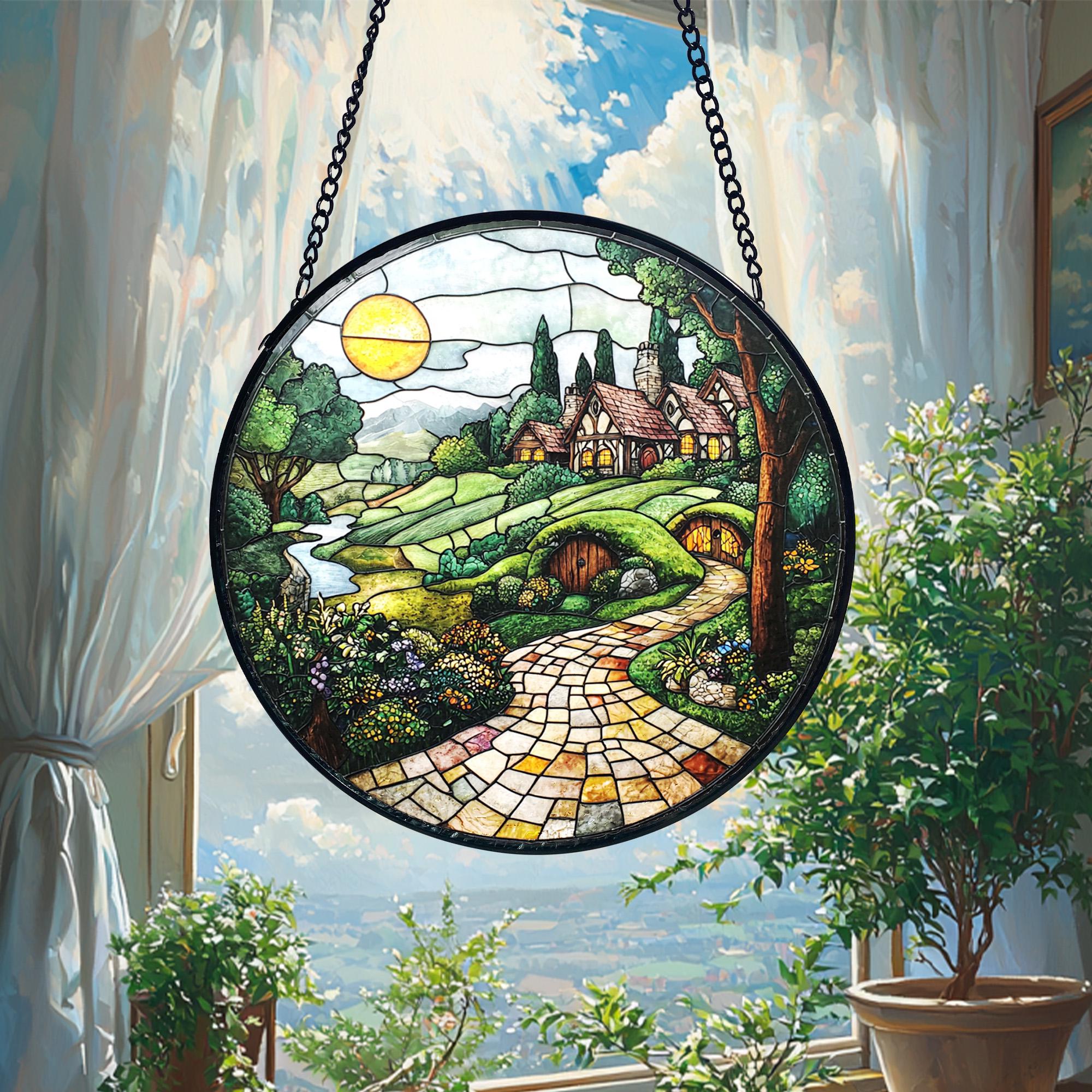 Handmade Shire Stained Glass Suncatcher_ Fantasy Home Decor, Handcrafted Stained Glass Suncatcher, Vibrant Window Art Panel, Sunlit Light Catcher Decoration, Boho Room Decor, Gift for Home Lovers