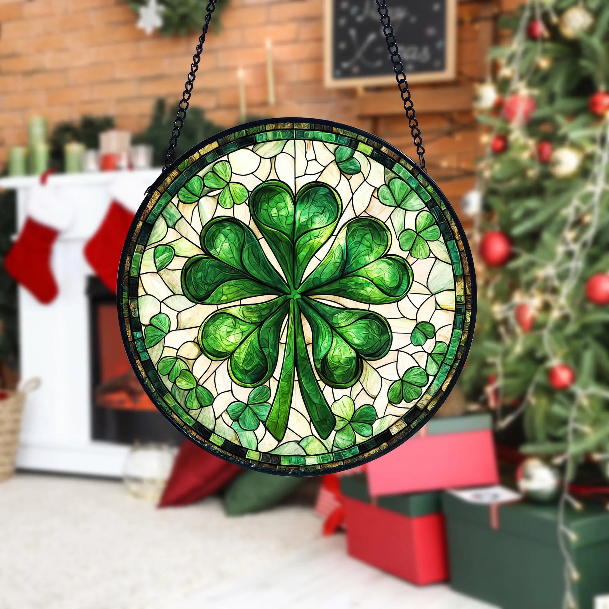 Shamrock Stained Glass Suncatcher_ Irish Window Ornament, Artistic Stained Glass Acrylic Panel, Window Light Catcher Hanging, Colorful Home Decor Accent, Handmade Gift for Any Occasion