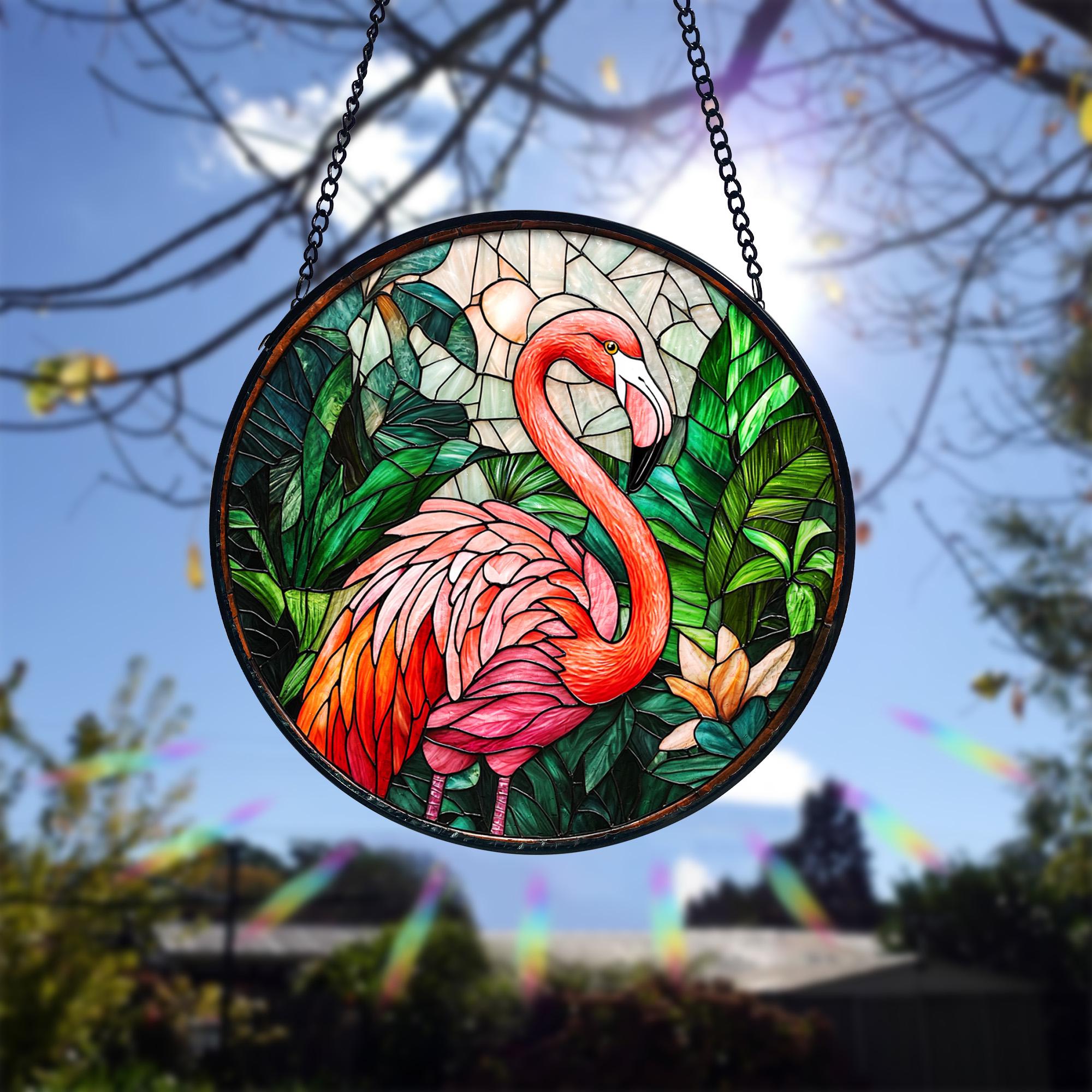 Stained Glass Flamingo Suncatcher_ Tropical Home Decor, Stained Glass Style Clover Window Suncatcher, Acrylic Lucky Hanging Decor, Four Leaf Sun Catcher, Green Home Ornament