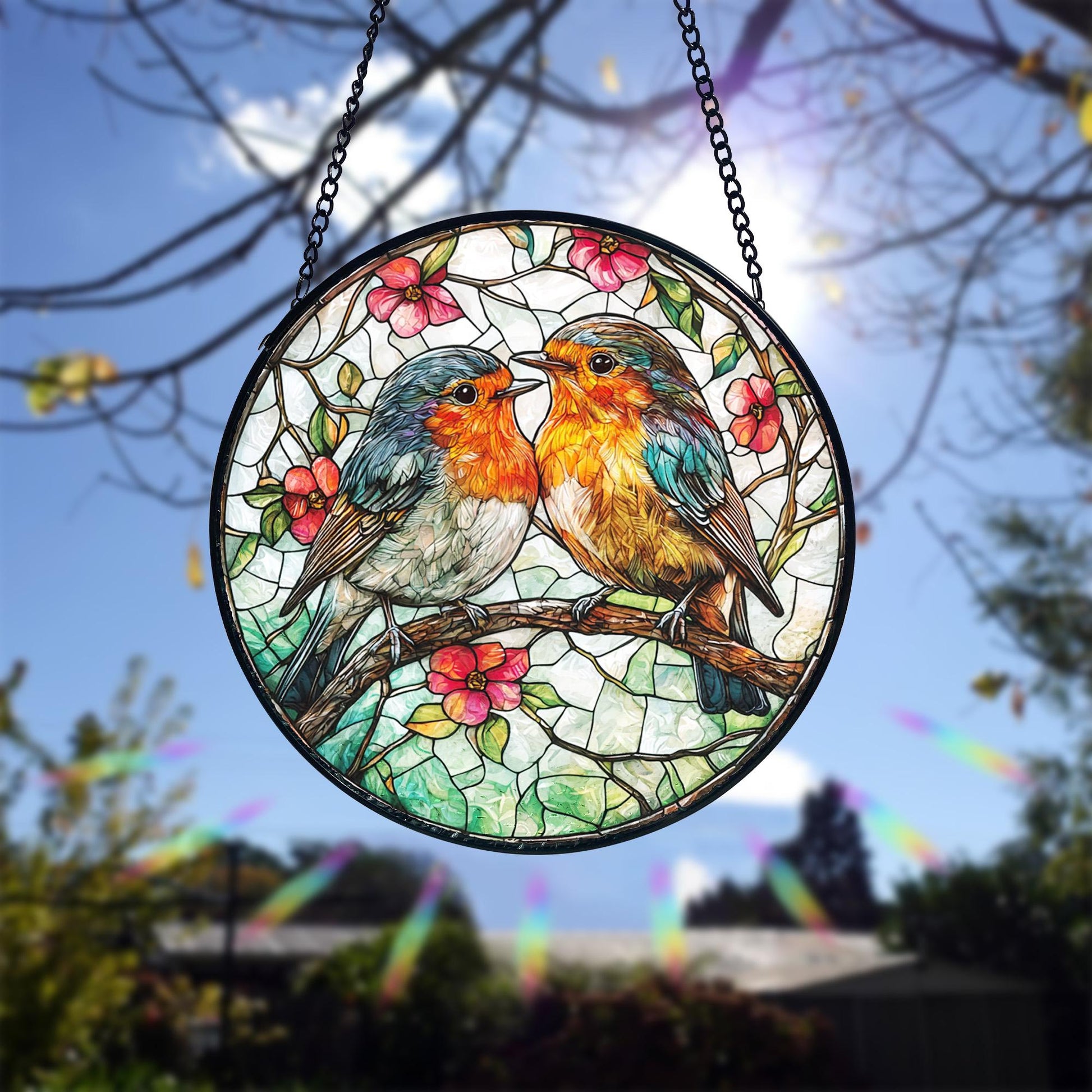Robin Couple Stained Glass Suncatcher_ Romantic Bird Window Hanging, Artistic Stained Glass Acrylic Panel, Window Light Catcher Hanging, Colorful Home Decor Accent, Handmade Gift for Any Occasion