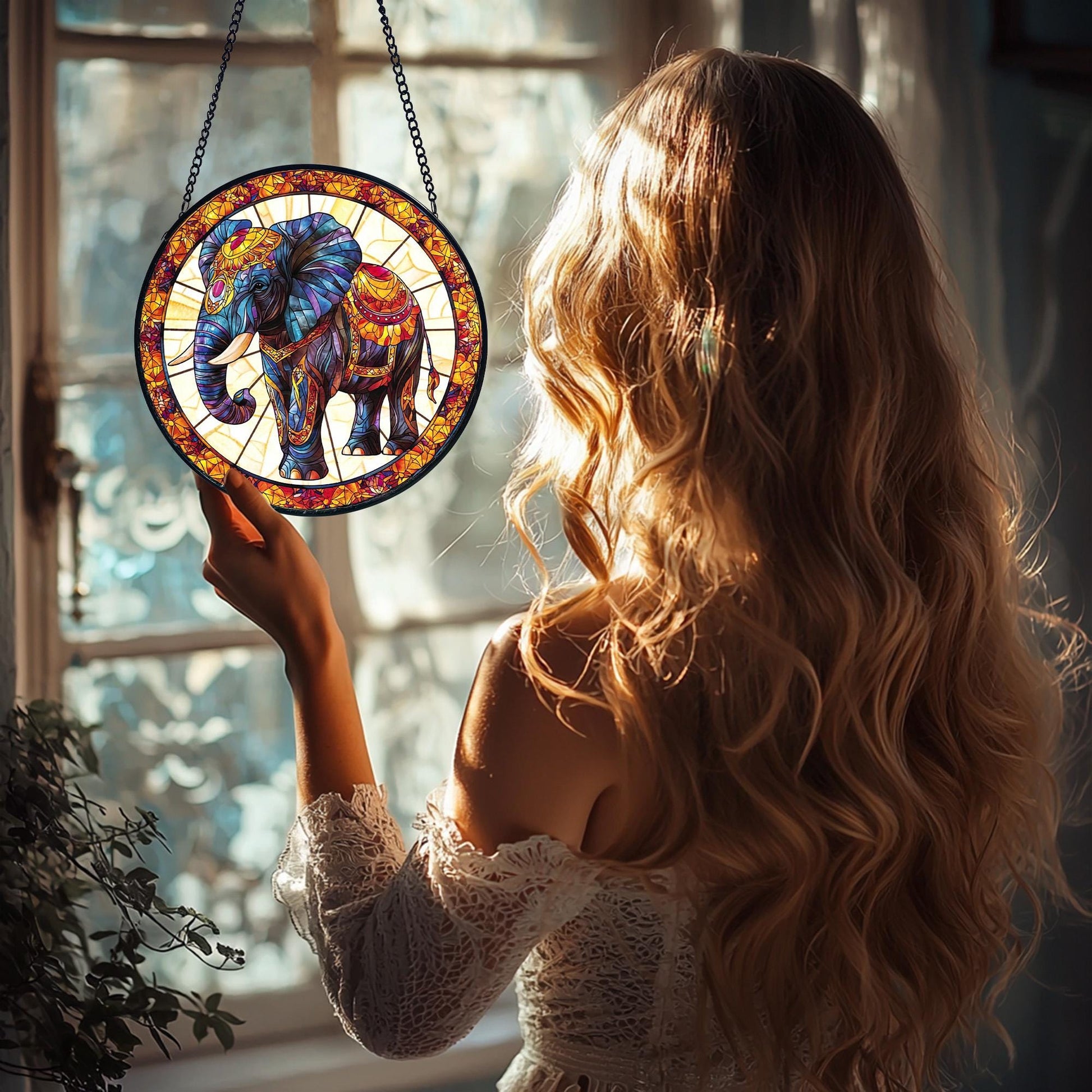 Handcrafted Elephant Stained Glass Suncatcher_ Window Hanging Decor, Stained Glass Style Window Hanging Colorful Sun Catcher Ornament, Boho Window Decoration, Unique Gift