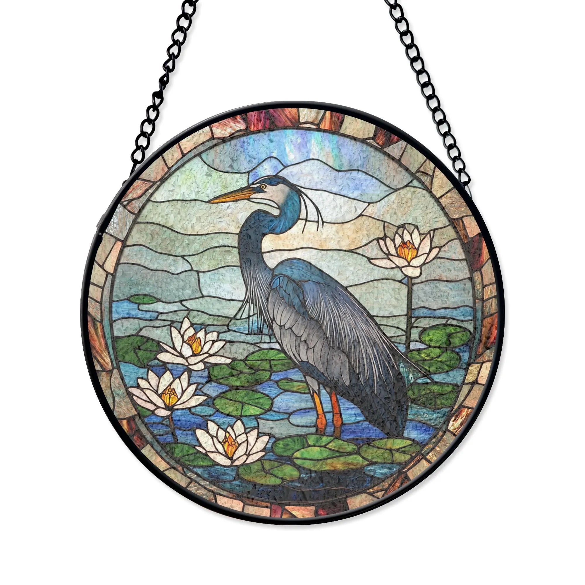 Heron Stained Glass Suncatcher, Water Lily Pond Decor, Nature Bird Art, Wildlife Lover Gift Idea, Gift for Mom, Bird Lover Gift, Stained Glass Style Acrylic Window Ornament, Decorative Sun Catcher Hanging, Unique Home Decor