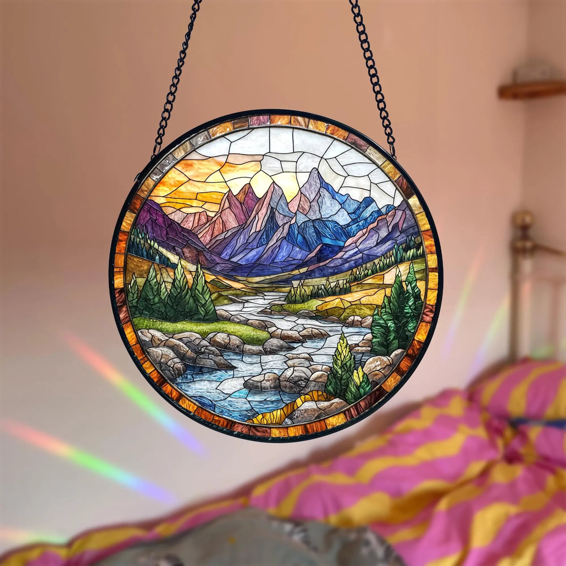 Mountain River Stained Glass Suncatcher_ Handmade Nature Decor, Artistic Stained Glass Acrylic Panel, Window Light Catcher Hanging, Colorful Home Decor Accent, Handmade Gift for Any Occasion
