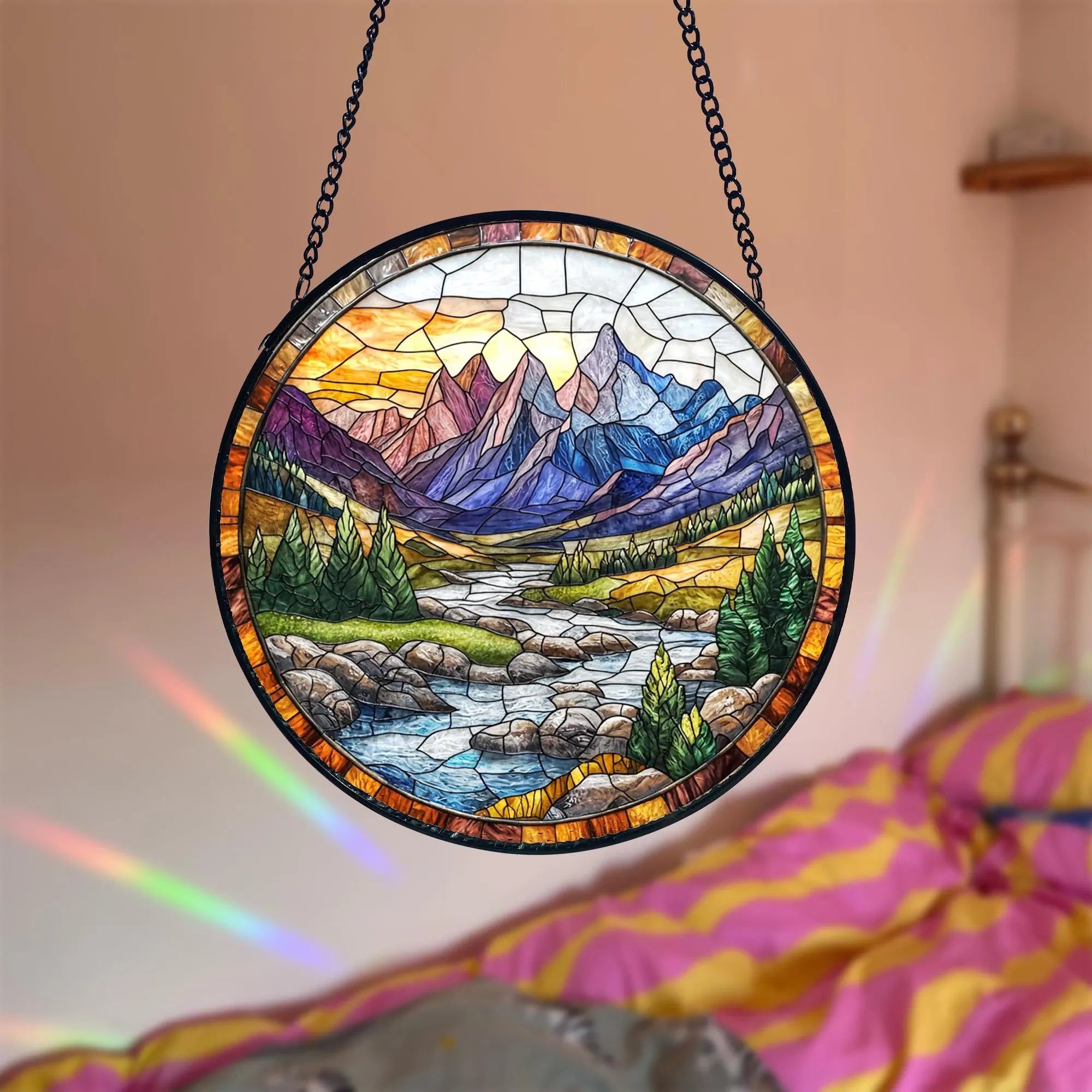 Mountain River Stained Glass Suncatcher_ Handmade Nature Decor, Artistic Stained Glass Acrylic Panel, Window Light Catcher Hanging, Colorful Home Decor Accent, Handmade Gift for Any Occasion