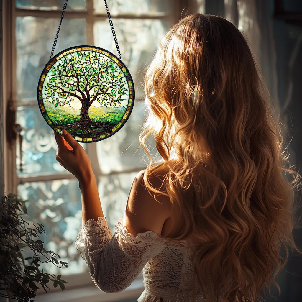 Handmade Tree of Life Stained Glass Window Hanging_ Nature Decor, Handcrafted Stained Glass Suncatcher, Vibrant Window Art Panel, Sunlit Light Catcher Decoration, Boho Room Decor, Gift for Home Lovers