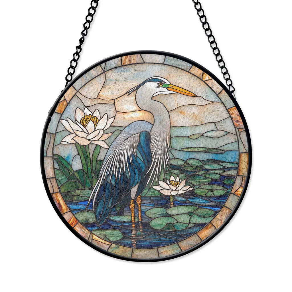Blue Heron Stained Glass Suncatcher, Nature Window Decor, Water Lily Theme, Bird Lovers Home Accent, Unique Wildlife Gift, Gift for Mom, Acrylic Stained Glass Inspired Suncatcher, Decorative Window Hanging, Artistic Home Decoration
