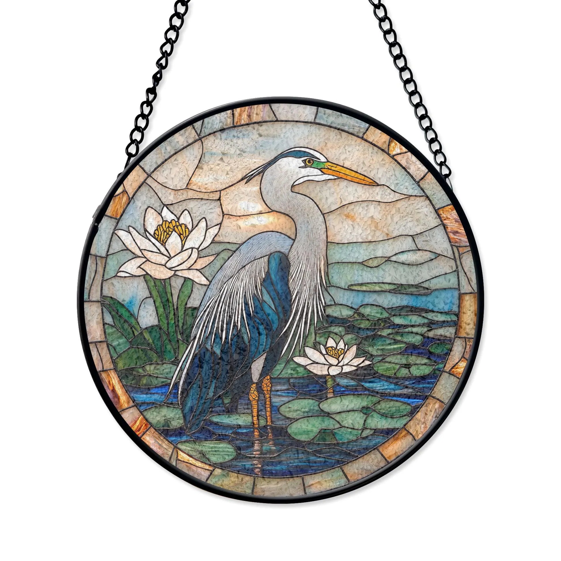 Blue Heron Stained Glass Suncatcher, Nature Window Decor, Water Lily Theme, Bird Lovers Home Accent, Unique Wildlife Gift, Gift for Mom, Acrylic Stained Glass Inspired Suncatcher, Decorative Window Hanging, Artistic Home Decoration