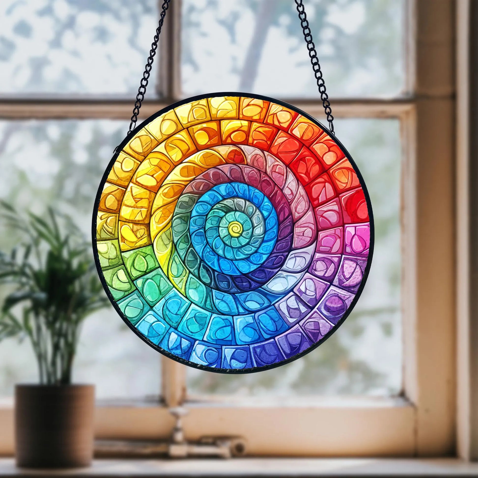 Rainbow Spiral Stained Glass Suncatcher_ Handmade Window Hanging, Artistic Stained Glass Acrylic Panel, Window Light Catcher Hanging, Colorful Home Decor Accent, Handmade Gift for Any Occasion