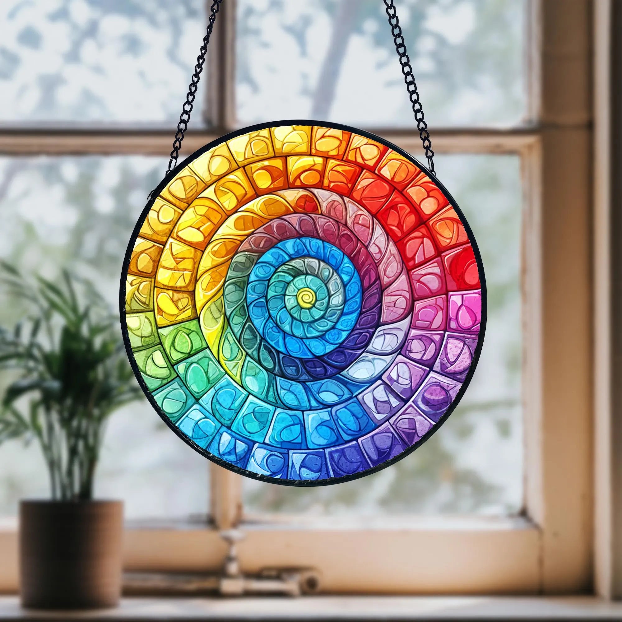 Rainbow Spiral Stained Glass Suncatcher_ Handmade Window Hanging, Artistic Stained Glass Acrylic Panel, Window Light Catcher Hanging, Colorful Home Decor Accent, Handmade Gift for Any Occasion