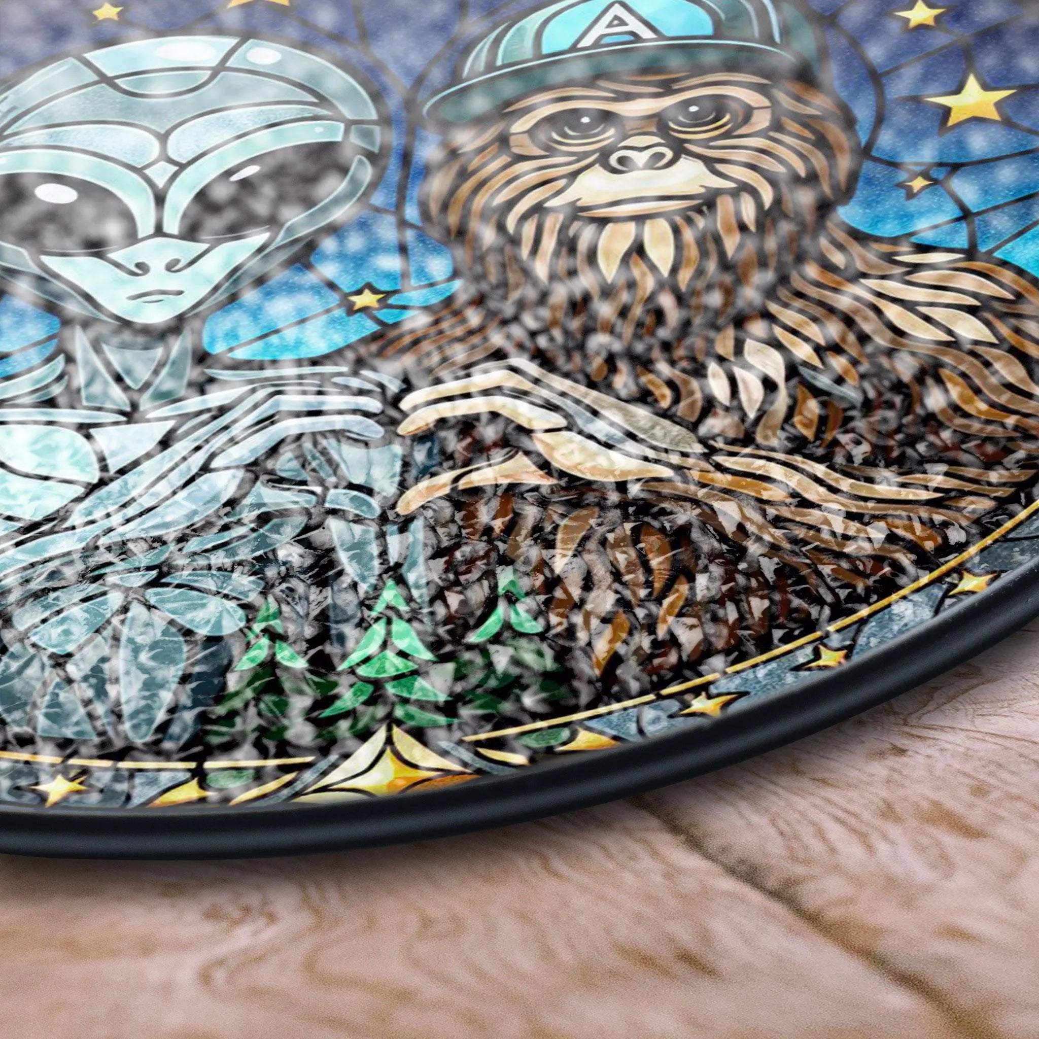 Alien and Bigfoot Stained Glass Suncatcher, Funny Friendship Decor, Space Forest Theme, Gift for Cryptid Lovers, Gift for Friend, Stained Glass Style Acrylic Window Ornament, Decorative Sun Catcher Hanging, Unique Home Decor