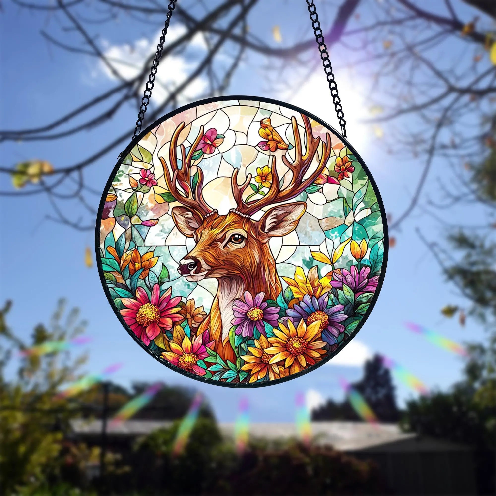 Deer Stained Glass Suncatcher_ Handcrafted Wildlife Window Hanging, Colorful Sun Catcher Ornament, Boho Window Decoration, Unique Gift