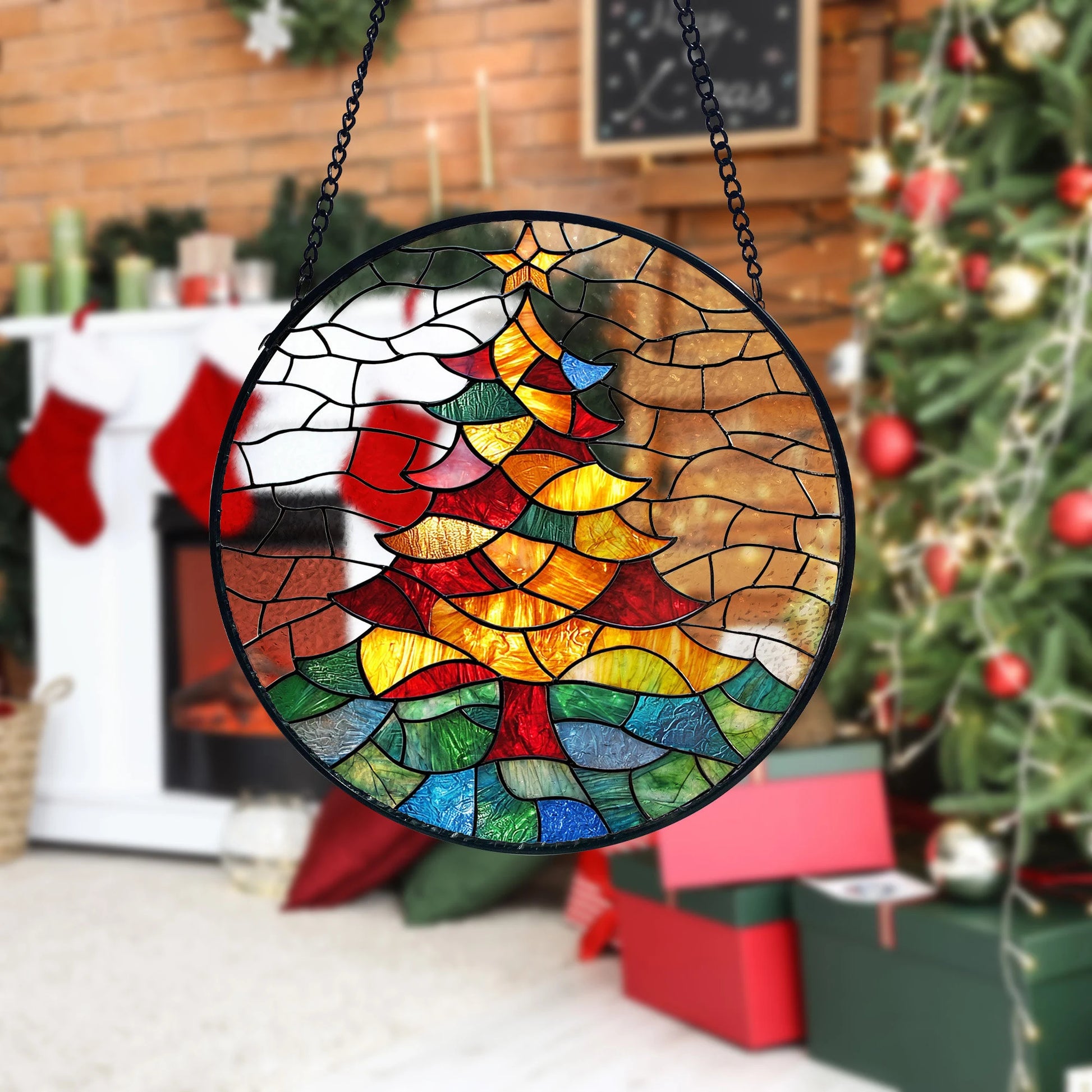 Stained Glass Christmas Tree Suncatcher_ Holiday Window Decor, Stained Glass Style Clover Suncatcher, Acrylic Window Hanging Decor, Four Leaf Lucky Ornament, Green Sun Catcher Panel, Unique Home Gift