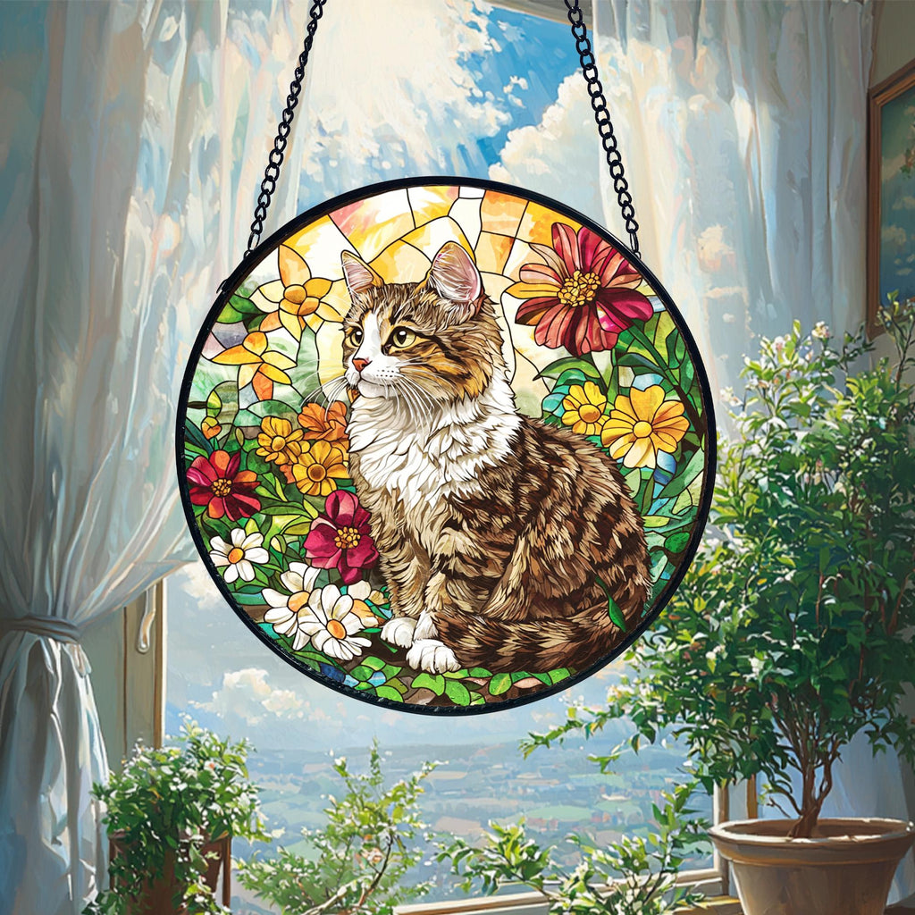 Tabby Cat Stained Glass Suncatcher_ Handmade Feline Window Decor, Decorative Stained Glass Style Suncatcher, Acrylic Window Art Panel, Sun Catcher Hanging Ornament, Unique Home Accent, andmade Home Decoration
