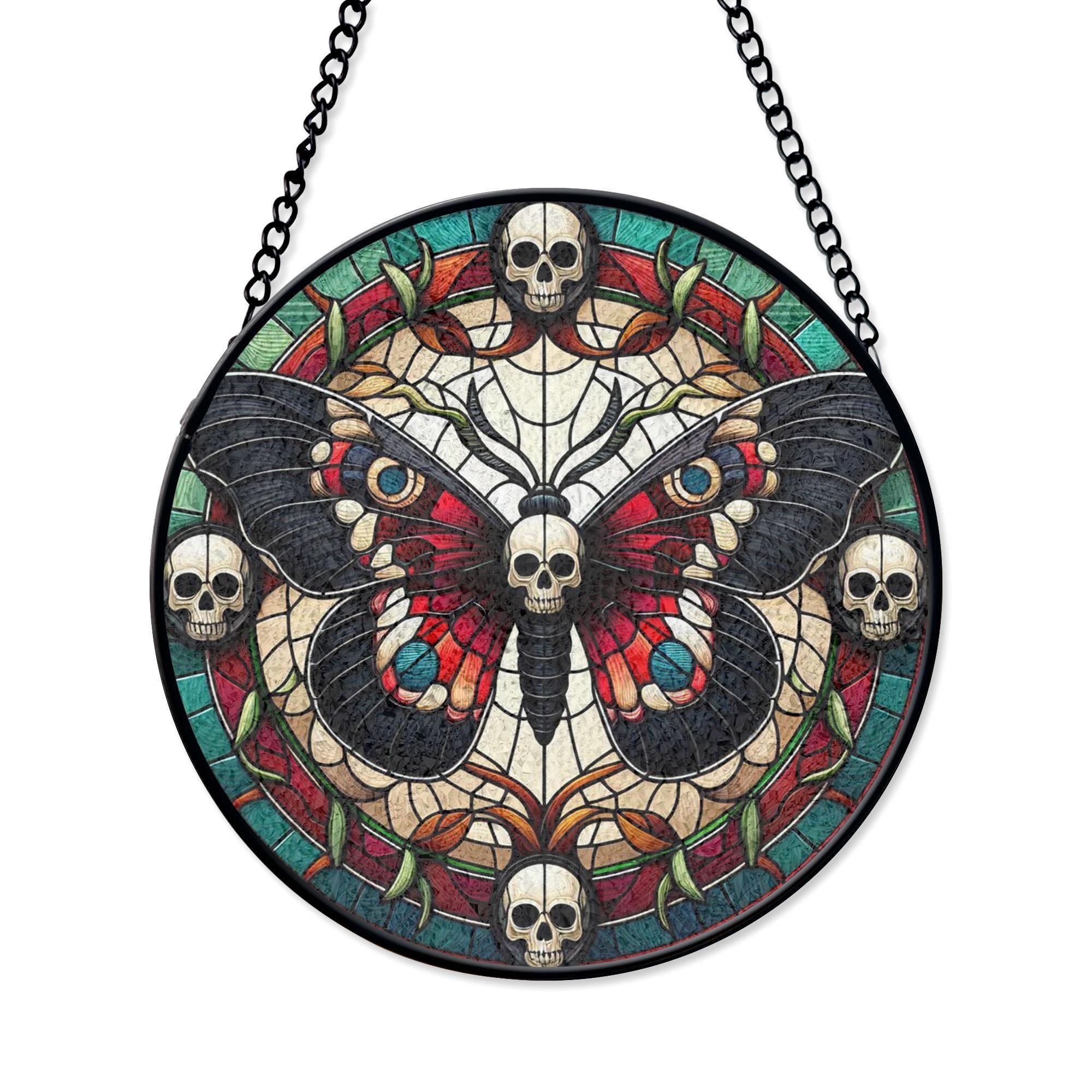 Skull Moth Stained Glass Suncatcher, Butterfly Suncatcher, Gothic Butterfly Decor for Window, Dark Art Theme, Unique Gift for Him or Her, Acrylic Stained Glass Decoration, Handmade Window Suncatcher Ornament, Boho Light Catcher Gift