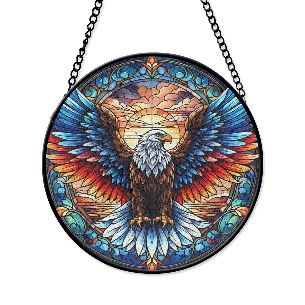 Bald Eagle Stained Glass Suncatcher, Patriotic Window Decor, Independence Day Style, Gift for Dad, Veterans, Freedom Lovers, Stained Glass Style Window Decor, Acrylic Hanging Suncatcher, Sunlit Light Catcher, Unique Artisan Gift
