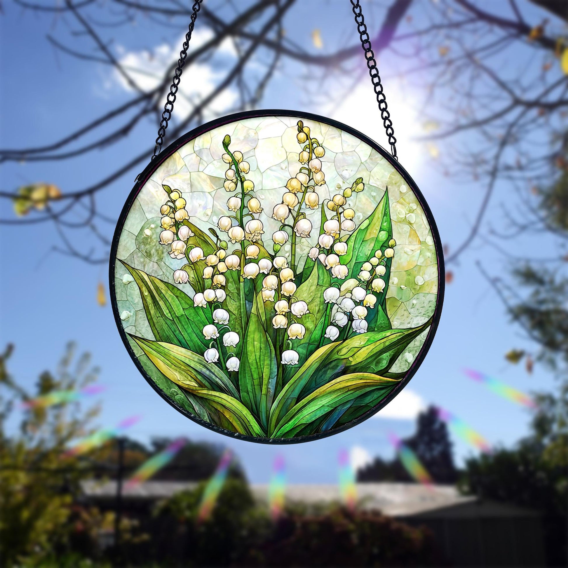Handmade Lily of the Valley Stained Glass Suncatcher_ Floral Window Decor, Stained Glass Suncatcher Window Hanging, Handmade Glass Art Decor, Colorful Sun Catcher Ornament, Boho Window Decoration, Unique Gift