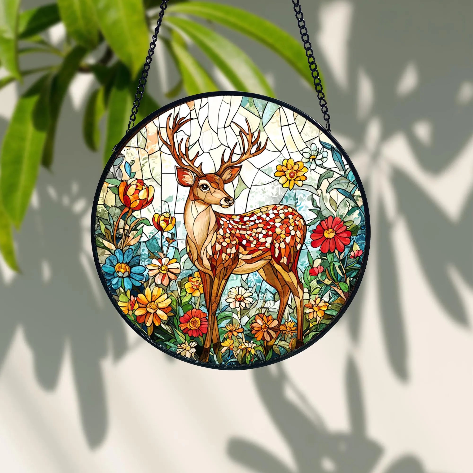 Deer Stained Glass Suncatcher_ Floral Window Hanging, Colorful Sun Catcher Ornament, Boho Window Decoration, Unique Gift