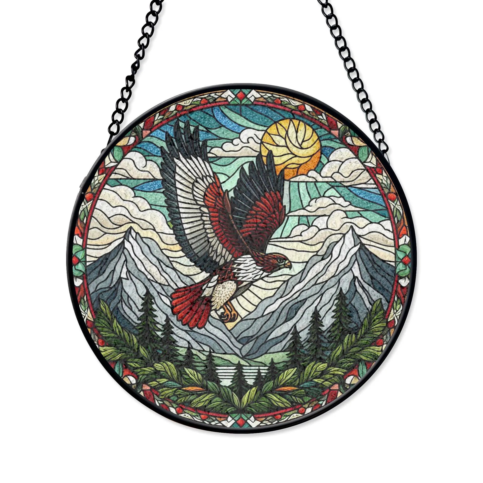 Red-tailed Hawk Stained Glass Suncatcher, Soaring Bird Art for Window Display, Nature Wildlife Theme, Gift for Him Birdwatcher, Acrylic Light Catcher Window Hanging, Stained Glass Style Ornament, Artistic Home Decor Gift