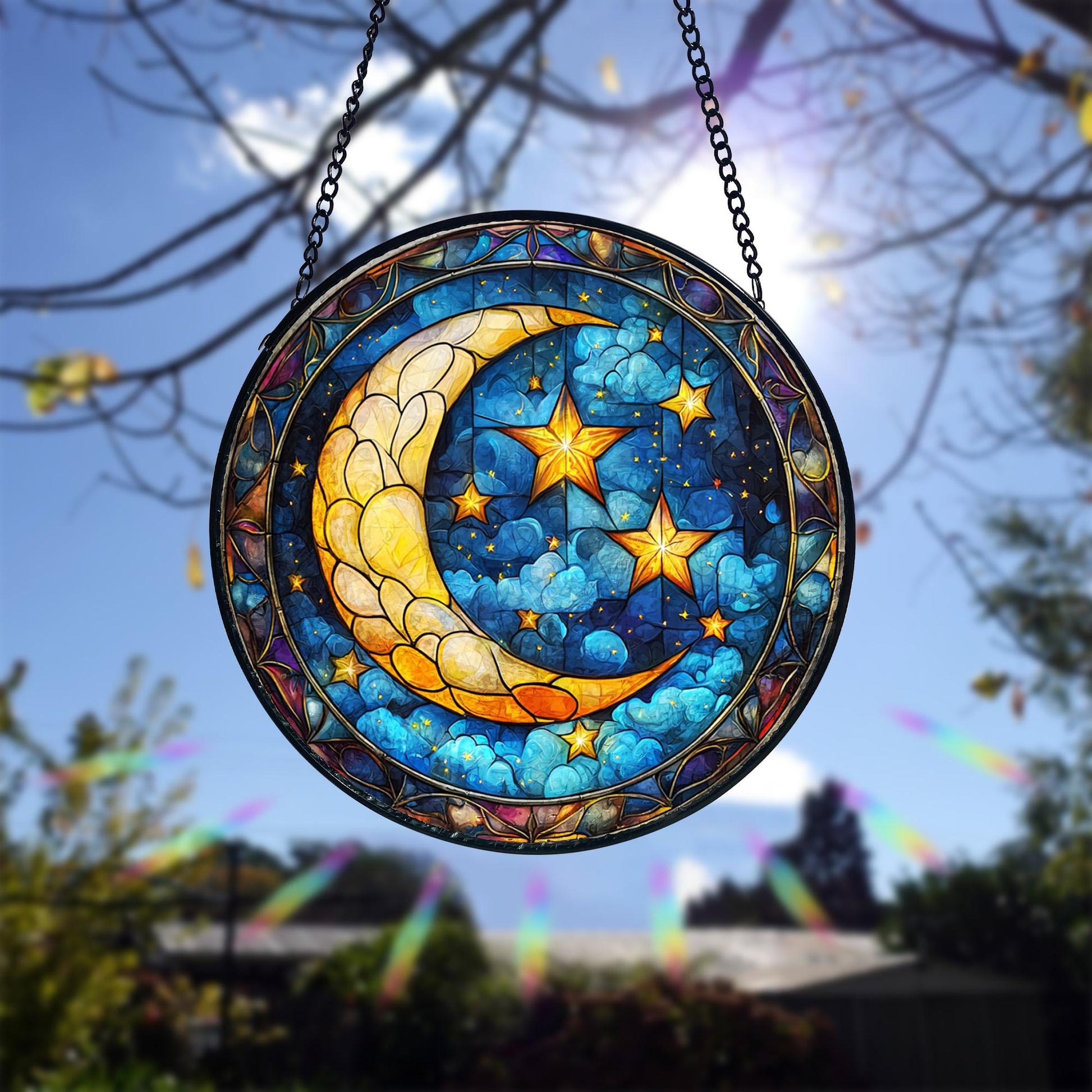 Moon and Star Stained Glass Suncatcher_ Celestial Window Hanging, Acrylic Stained Glass Window Art, Handmade Sun Catcher Hanging Decor, Colorful Light Reflecting Panel, Unique Gift for Home