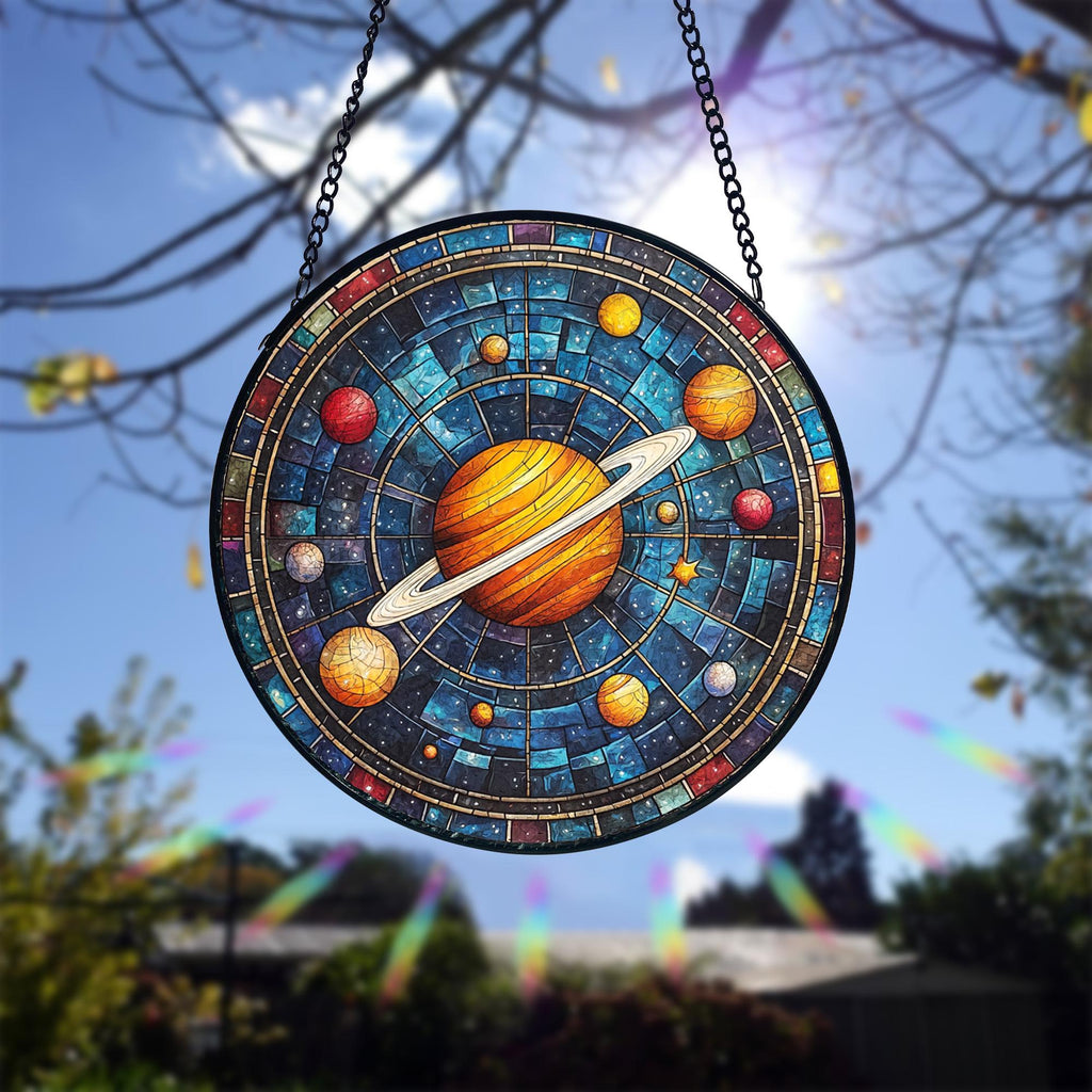 Solar System Stained Glass Suncatcher_ Handmade Galaxy Window Hanging, Stained Glass Style Clover Suncatcher, Acrylic Window Hanging Decor, Four Leaf Lucky Ornament, Green Sun Catcher Panel, Unique Home Gift