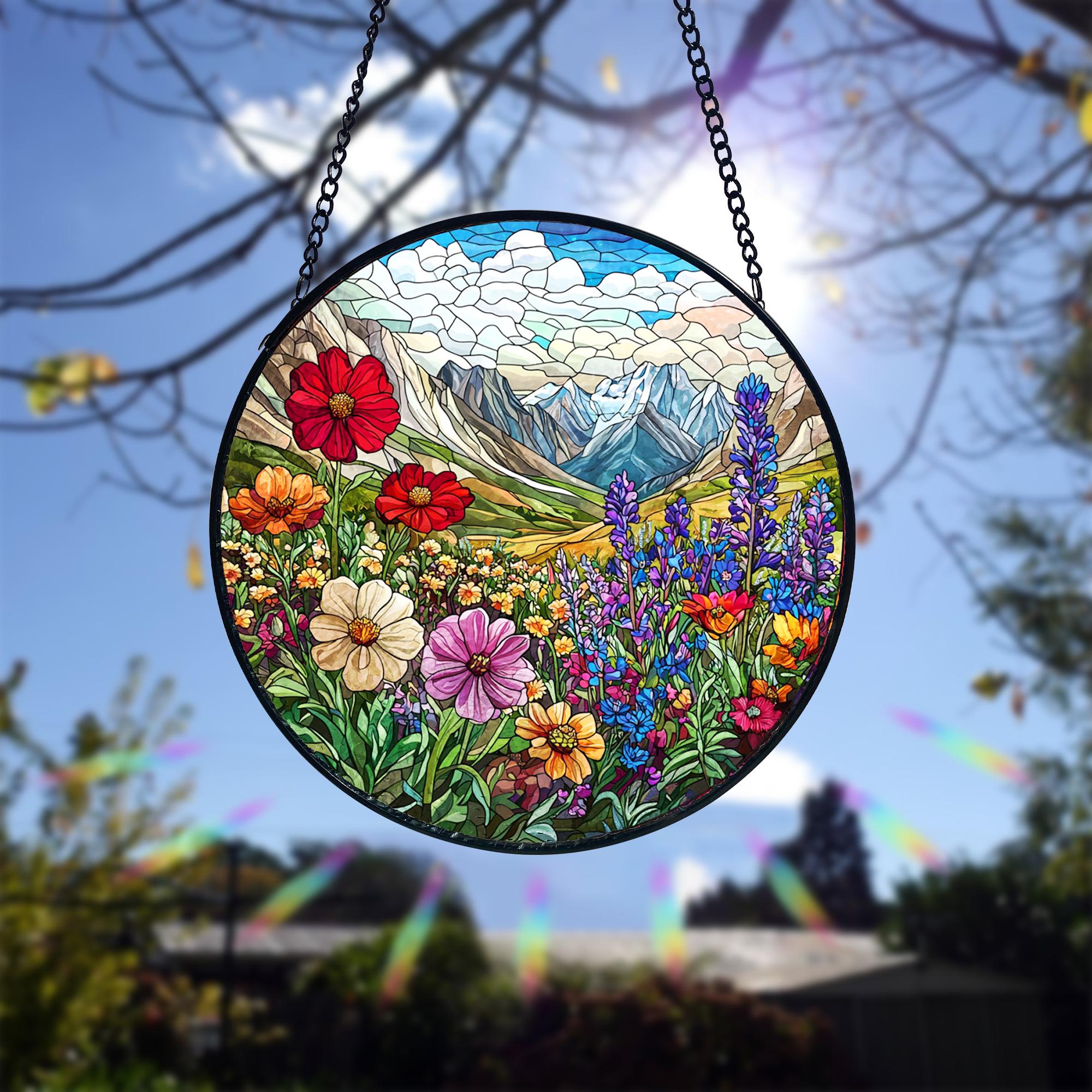 Handmade Stained Glass Wildflower Suncatcher_ Mountain Meadow Window Art, Handcrafted Stained Glass Suncatcher, Vibrant Window Art Panel, Sunlit Light Catcher Decoration, Boho Room Decor, Gift for Home Lovers