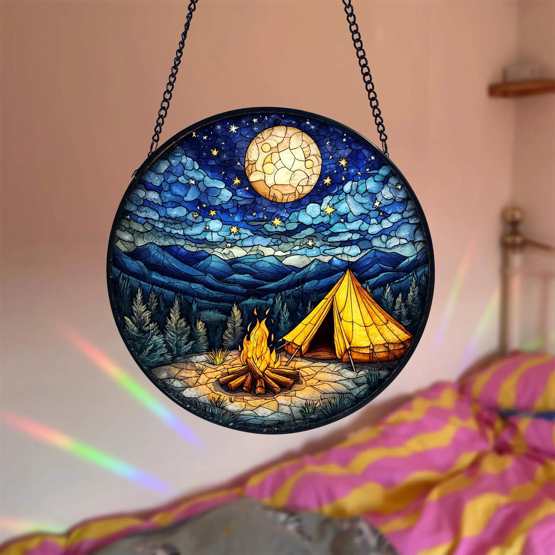 Starry Campfire Stained Glass Suncatcher_ Handmade Rustic Decor, Acrylic Stained Glass Clover Suncatcher, Lucky Window Hanging, Boho Green Ornament, Unique Artisan Home Decor