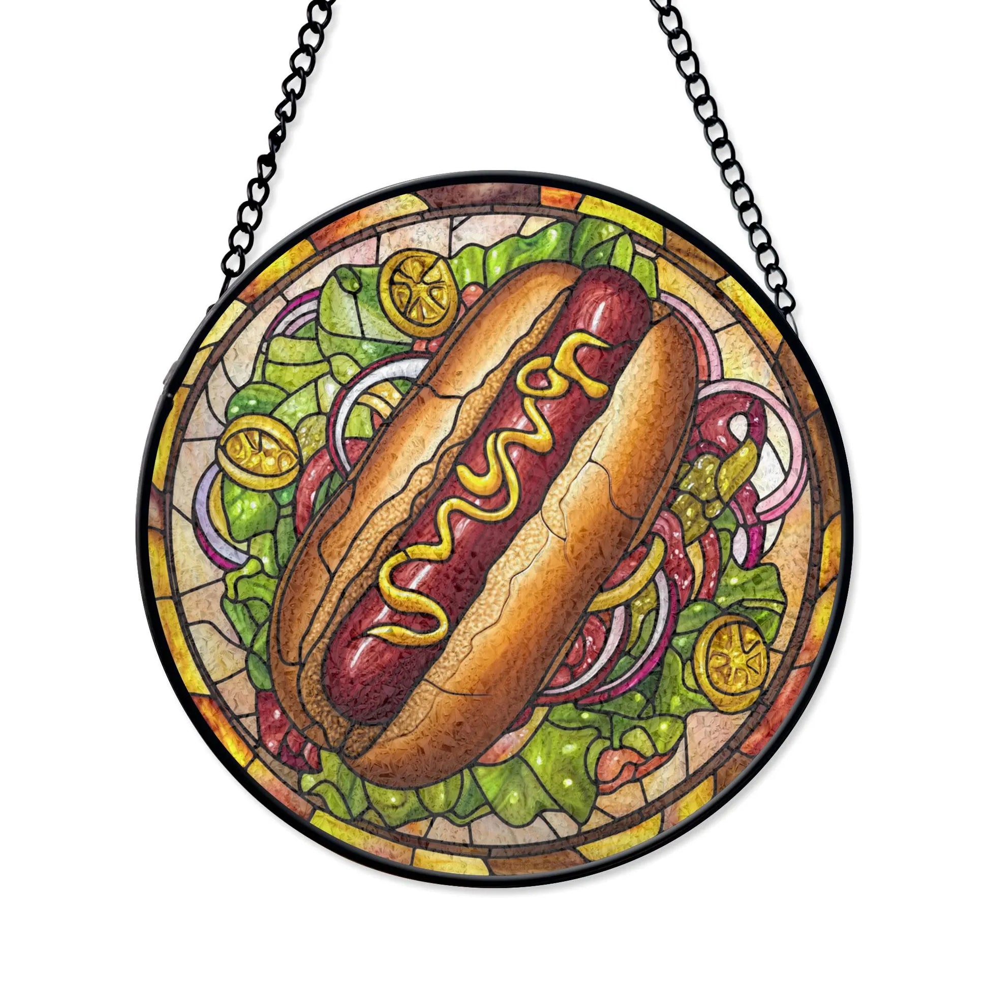 Hot Dog Stained Glass Suncatcher, Retro Diner Kitchen Decor, Fast Food Lover Gift, Vintage Foodie Window Hanging, Fun Mom Gift, Colorful Stained Glass Effect Suncatcher, Acrylic Window Hanging Art, Bright Home Accent, Gift for Home Lovers