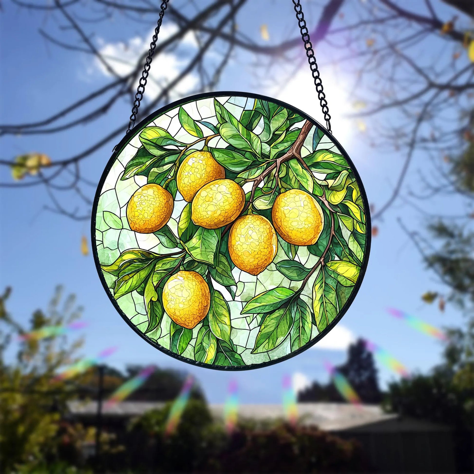 Lemon Branch Stained Glass Suncatcher_ Handmade Window Art, Acrylic Stained Glass Window Art, Handmade Sun Catcher Hanging Decor, Colorful Light Reflecting Panel, Unique Gift for Home