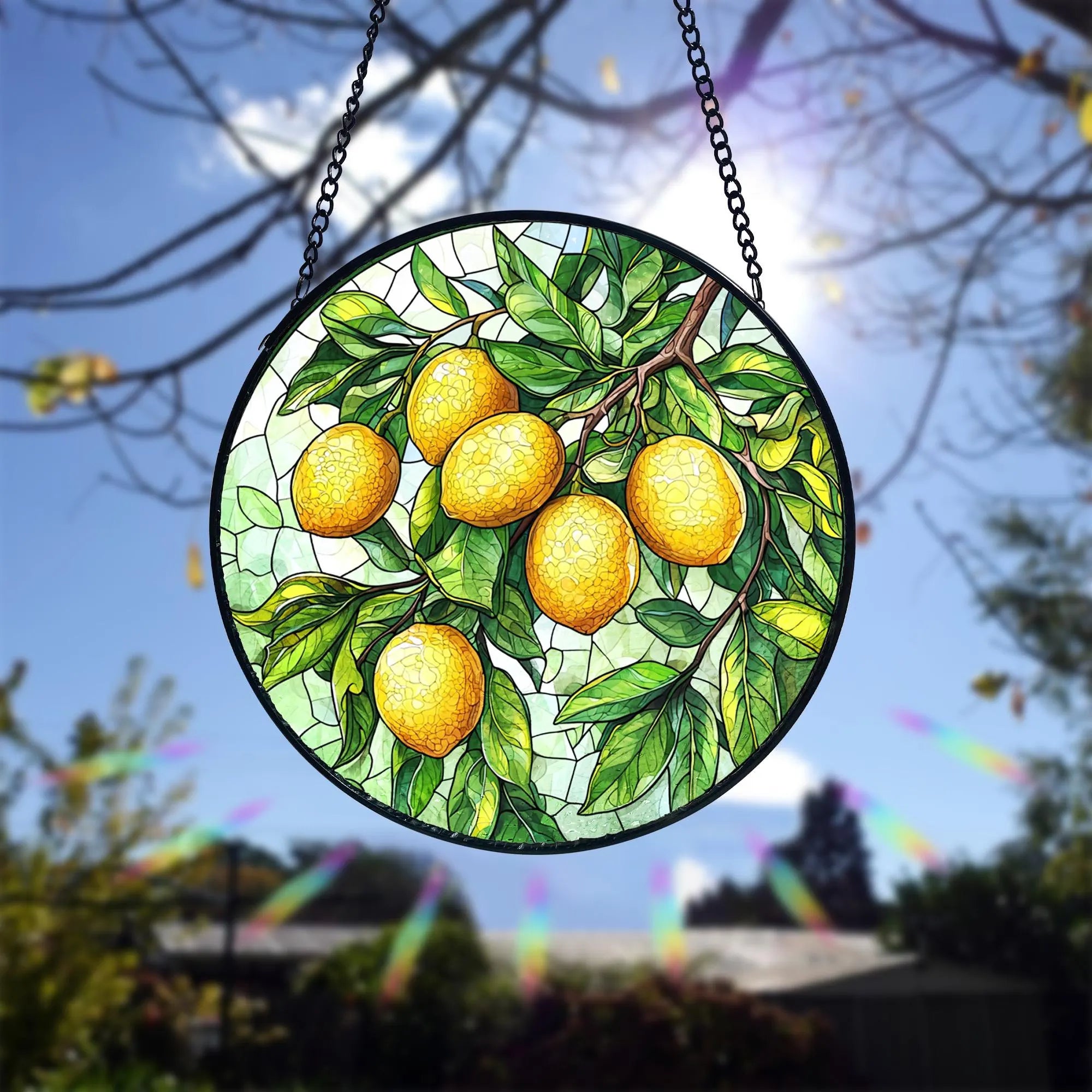 Lemon Branch Stained Glass Suncatcher_ Handmade Window Art, Acrylic Stained Glass Window Art, Handmade Sun Catcher Hanging Decor, Colorful Light Reflecting Panel, Unique Gift for Home