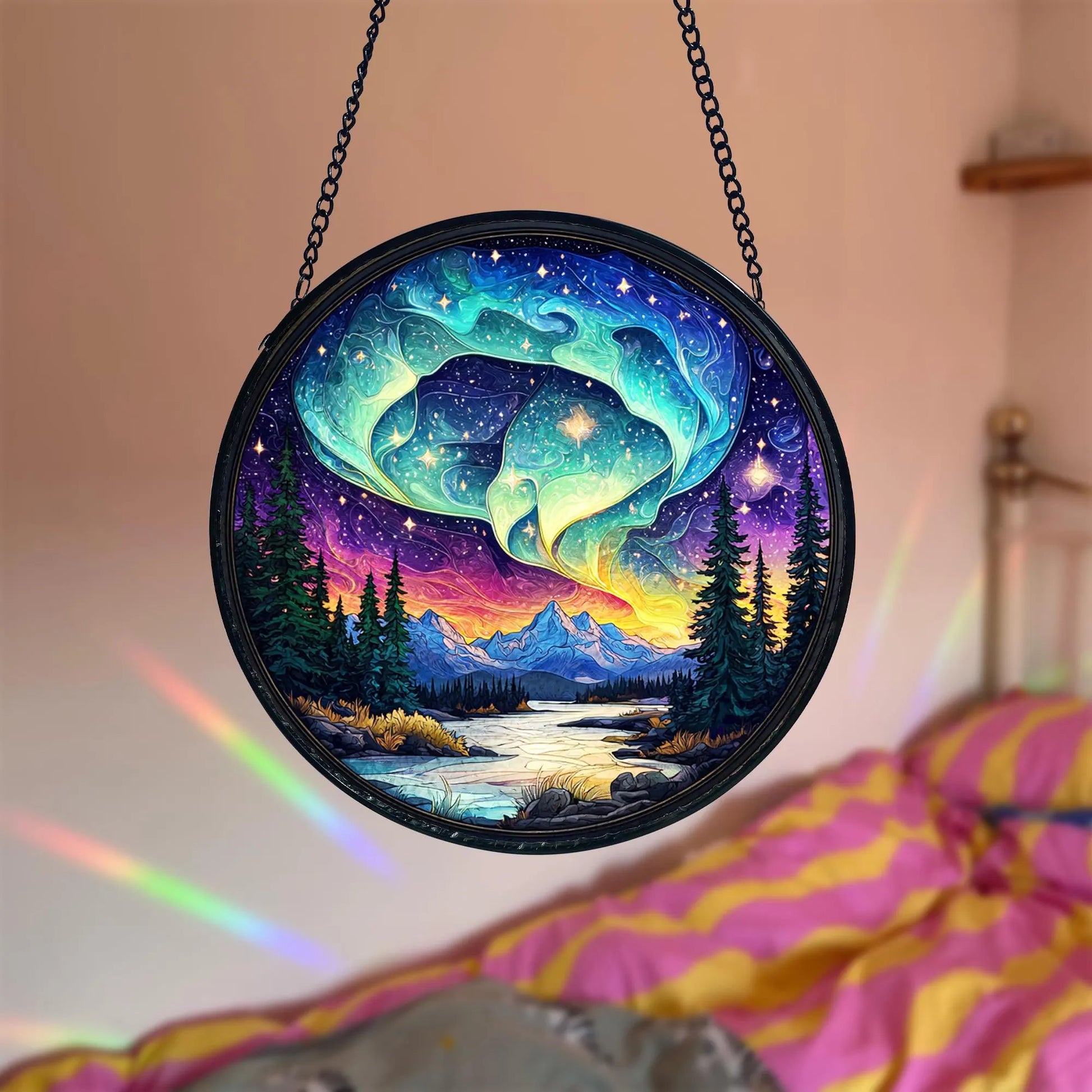 Handmade Aurora Borealis Stained Glass Suncatcher_ Northern Lights Decor, Boho Window Decoration, Unique Gift