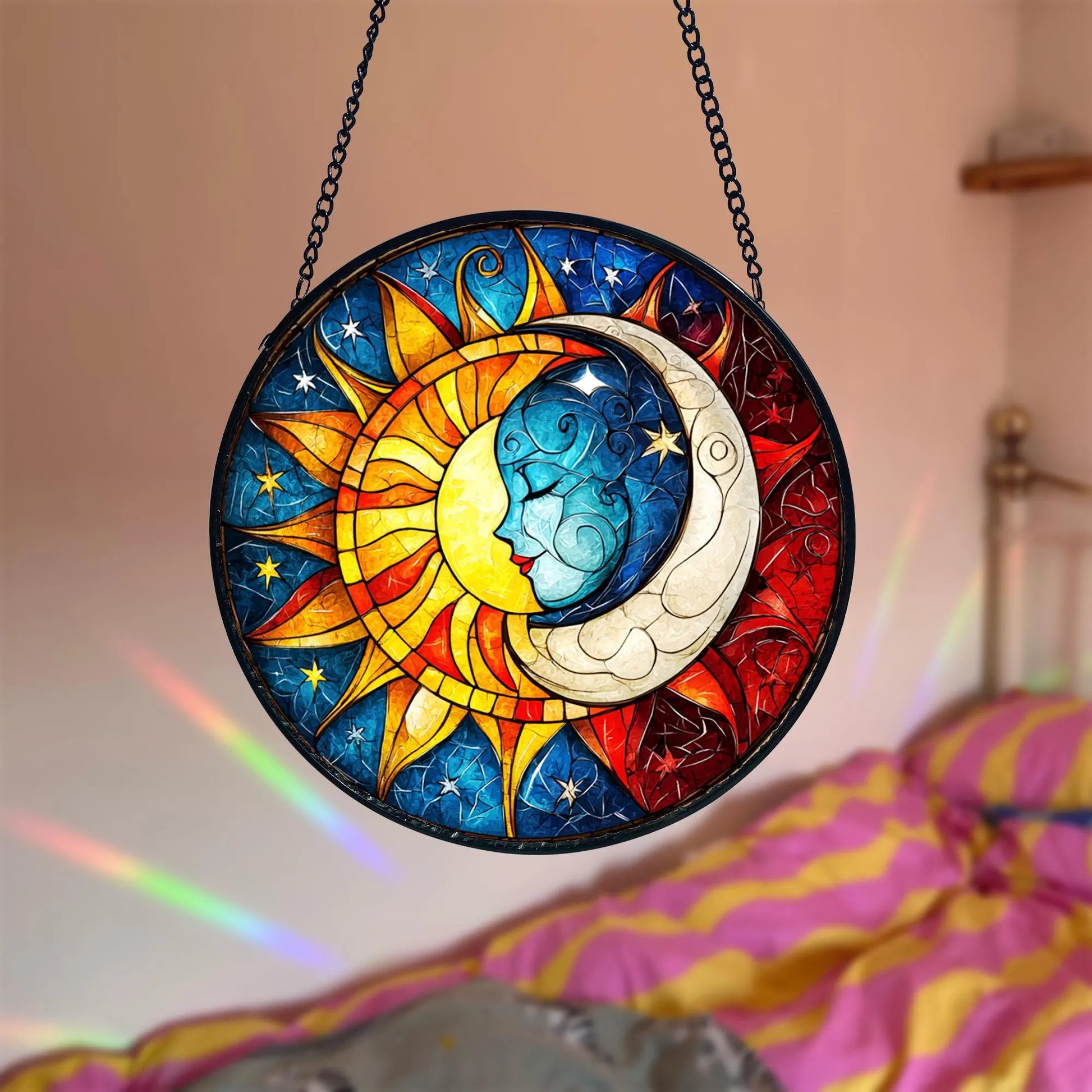 Sun & Moon Stained Glass Suncatcher_ Celestial Window Decor, Stained Glass Inspired Suncatcher, Acrylic Window Hanging Art, Colorful Light Catcher, Handmade Gift for Home