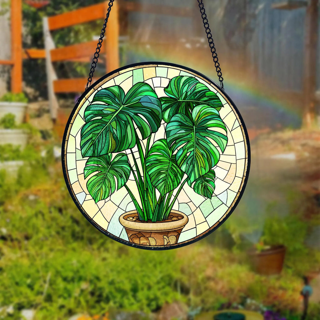 Handmade Stained Glass Monstera Suncatcher_ Botanical Window Hanging, Handcrafted Stained Glass Suncatcher, Vibrant Window Art Panel, Sunlit Light Catcher Decoration, Boho Room Decor, Gift for Home Lovers